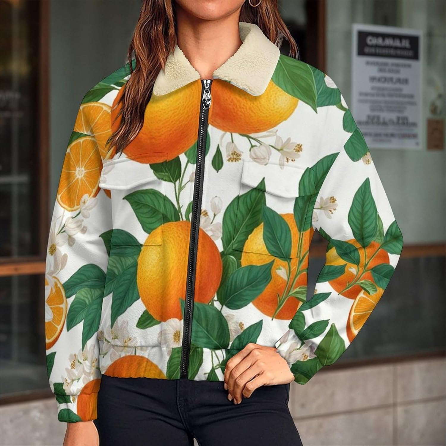 Women Winter Sherpa Lined Fleece Jacket, Long Sleeve Zip Up Oranges flowers Cropped Coats Warm Soft Polar Outwear