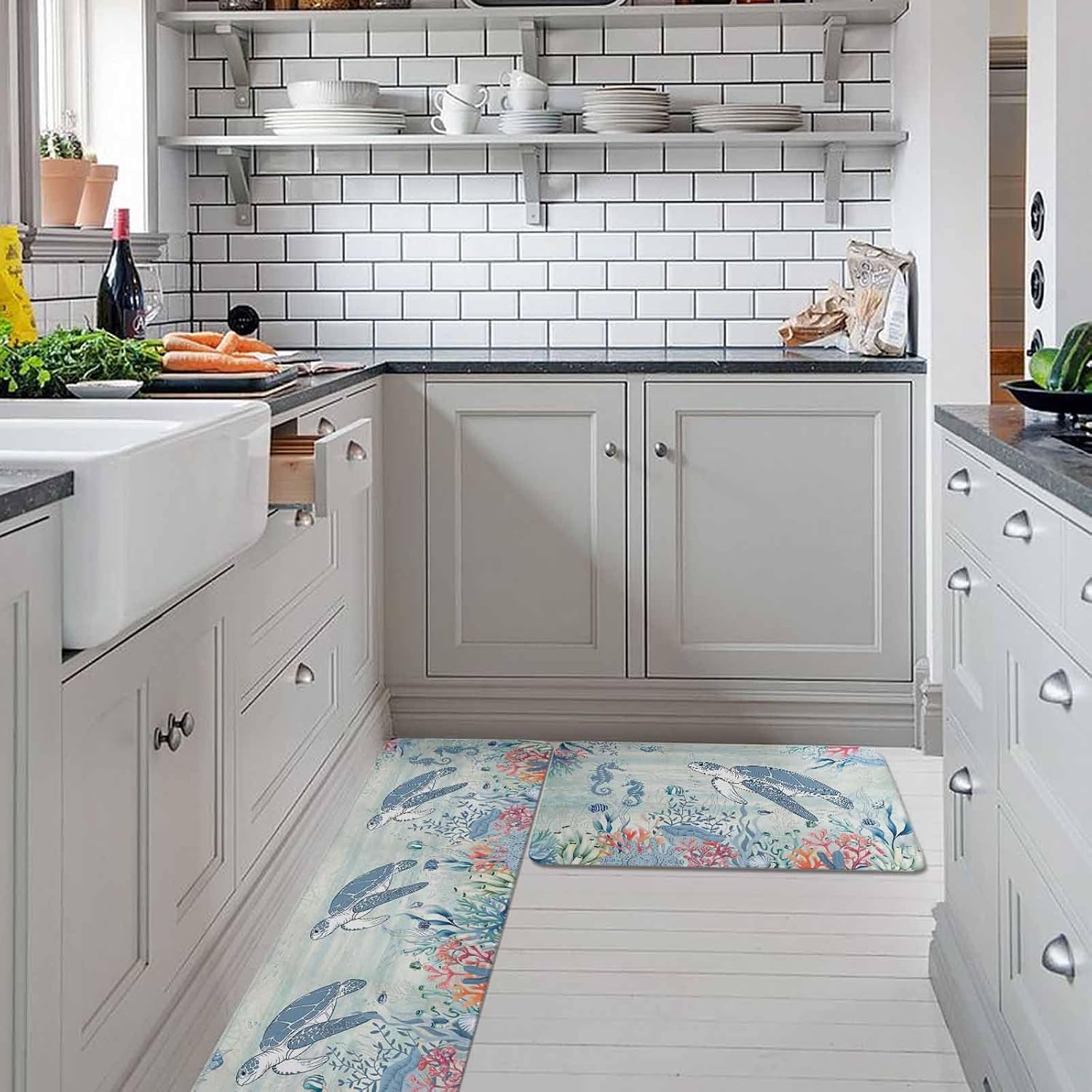 Teal Coastal Turtle Kitchen Rugs and Mats Set of 2, Non-Slip Kitchen Sink Mat, Beach Nautical Ocean Coral Seahorse Washable Doormat Bathroom Rugs Runner for Bedroom/Living Room 17.7"x30"+17.7"x47.2"