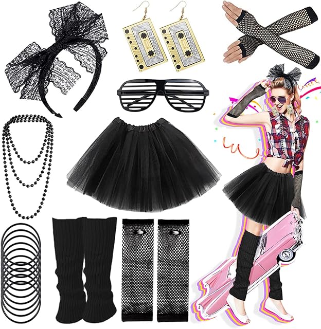 Ronilp 80s Fancy Dress for women,1980s Fancy Party Costume Accessories Set, Tutu Skirt Leg Warmers Necklace Bracelets Fishnet Gloves 80s Lace Bow Headband Tape Earrings Sunglasses