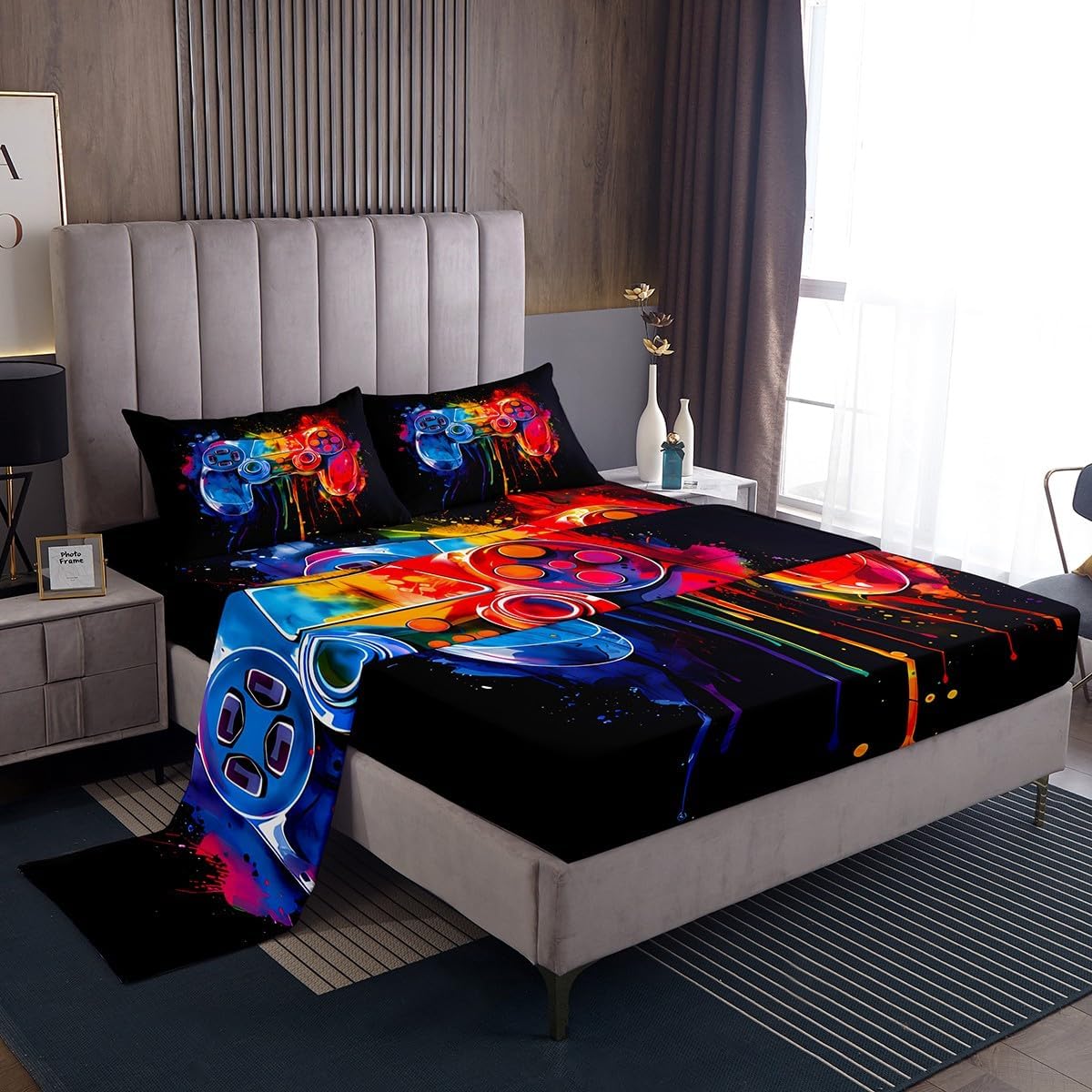 jejeloiu Yellow Headset Bed Sheets Set Twin Size Kids Game Gaming Fitted Sheet with Deep Pocket for Boys Girls Teens Headphone Bedding Set Breathable Microphoner Bedroom Decor Bedclothes