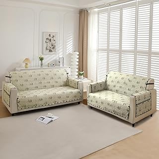 HOKIPO 'HomeHues Series' Printed Quilted Sofa Covers 3 Seater and 2 Seater with Pockets on Armrest Cover, Light Green Ash Price In India