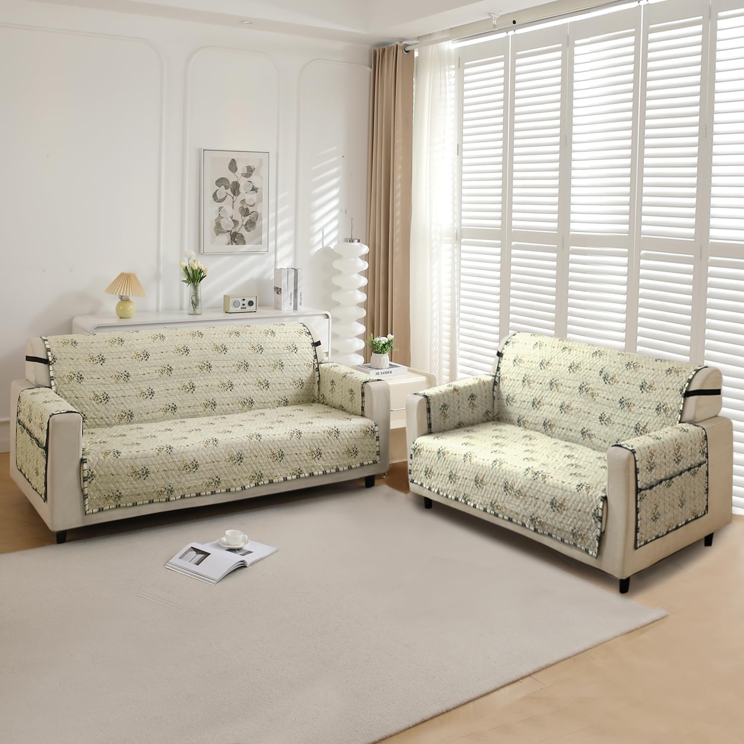 HOKIPO 'HomeHues Series' Printed Quilted Sofa Covers 3 Seater and 2 Seater with Pockets on Armrest Cover, Light Green Ash