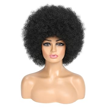 Short Kinky Curly Afro Wig with Bangs Glueless for Black Women Men 70s Disco Bouncy Fluffy Puff Synthetic Heat Resistant Natural Looking Hair for Party Cosplay Daily Use