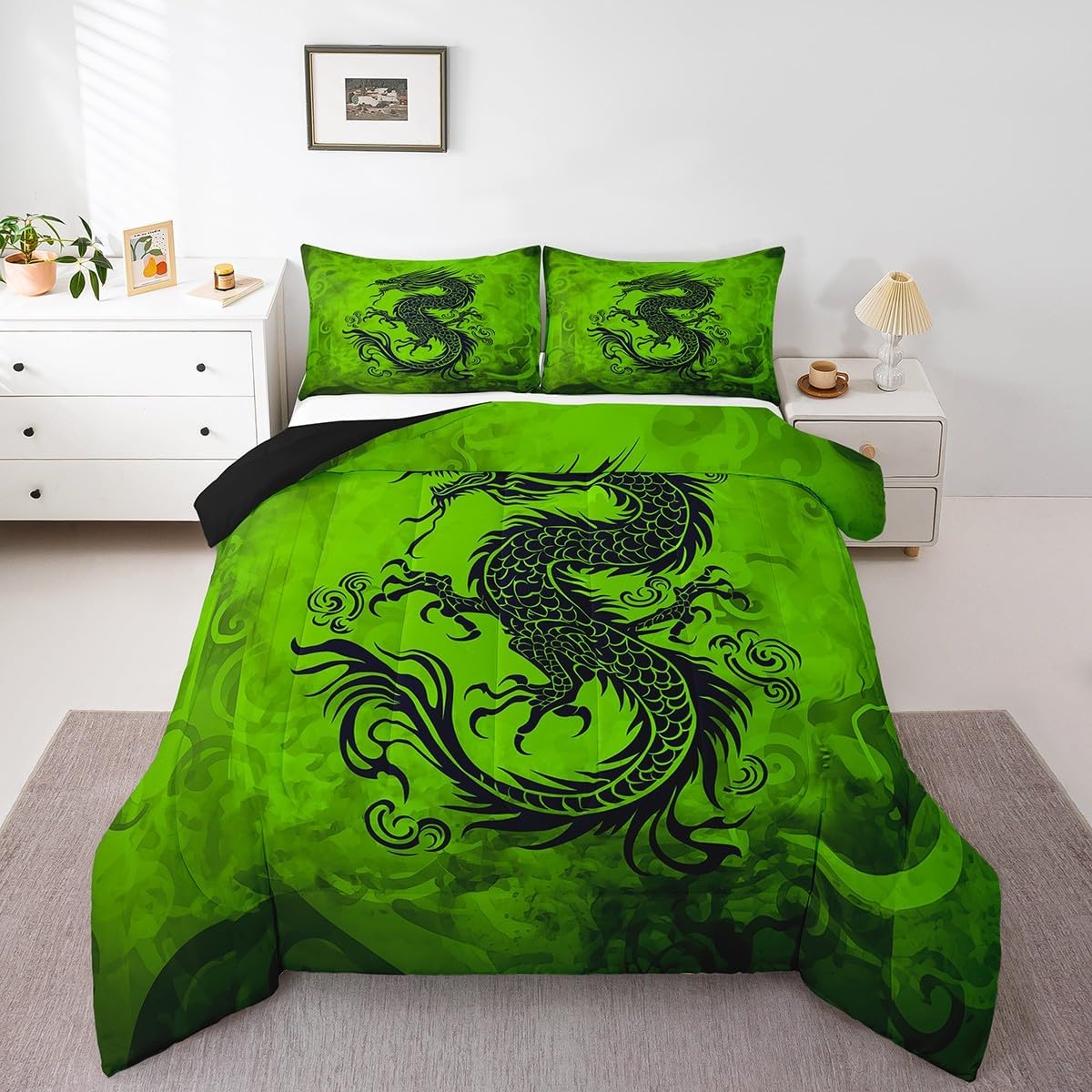 Castle Fairy Dragon Bed Comforter Set Queen Size,Green Mysterious Wildlife Super Soft Microfiber Bedding Set for Adults Teens,Chinese Loong Animals Comforter Set,2 Pillowcases