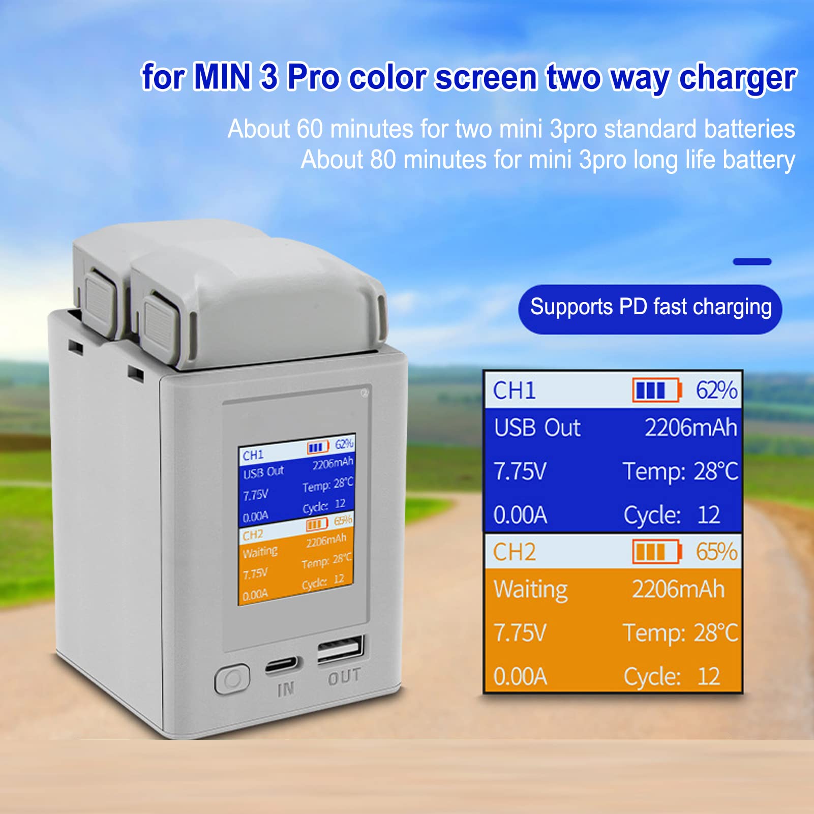 Hub di Ricarica Bidirezionale, Caricabatteria per Droni Carica Batterie Schermo a Colori Caricabatteria LCD USB per 3 Droni Grigio
