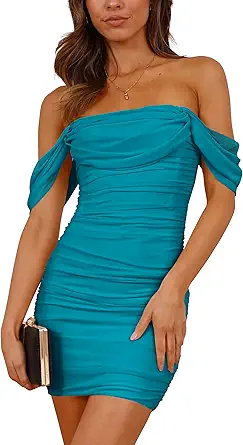PRETTYGARDEN Cocktail Dresses 2025 Summer Off Shoulder Sexy Bodycon Ruched Mesh Graduation Wedding Guest Mini Short Dress