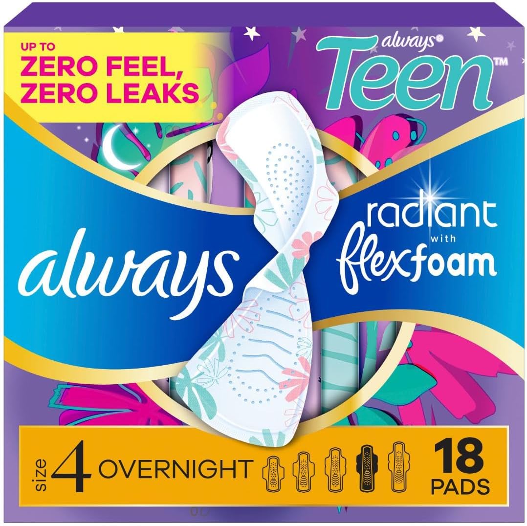 Radiant Teen Pads, Size 4, Overnight, with Wings, Unscented, 18 CT
