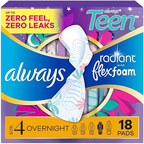 Always Radiant Teen with FlexFoam Pads, Size 4, Overnight Absorbency, with Wings, Unscented, Up to Zero leaks, Zero Feel Protection, 18 Count
