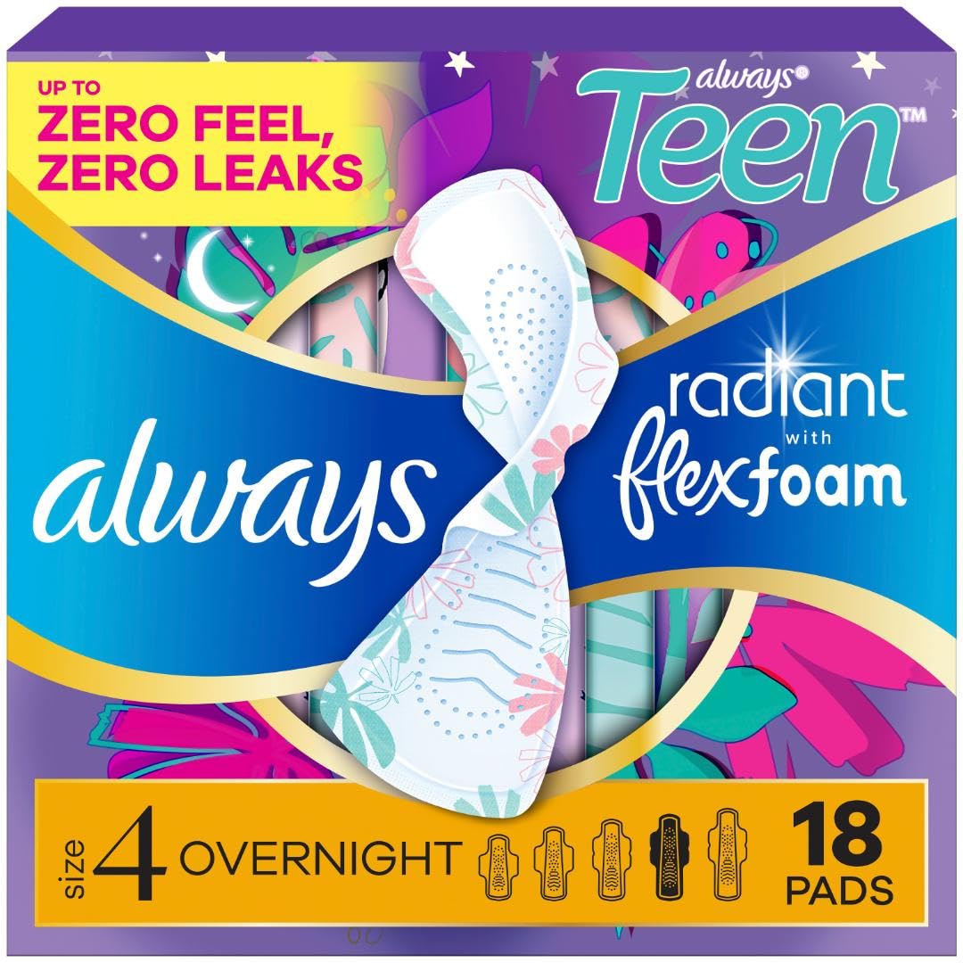 Always Radiant Teen Pads, Size 4, Overnight, with Wings, Unscented, 18 Count