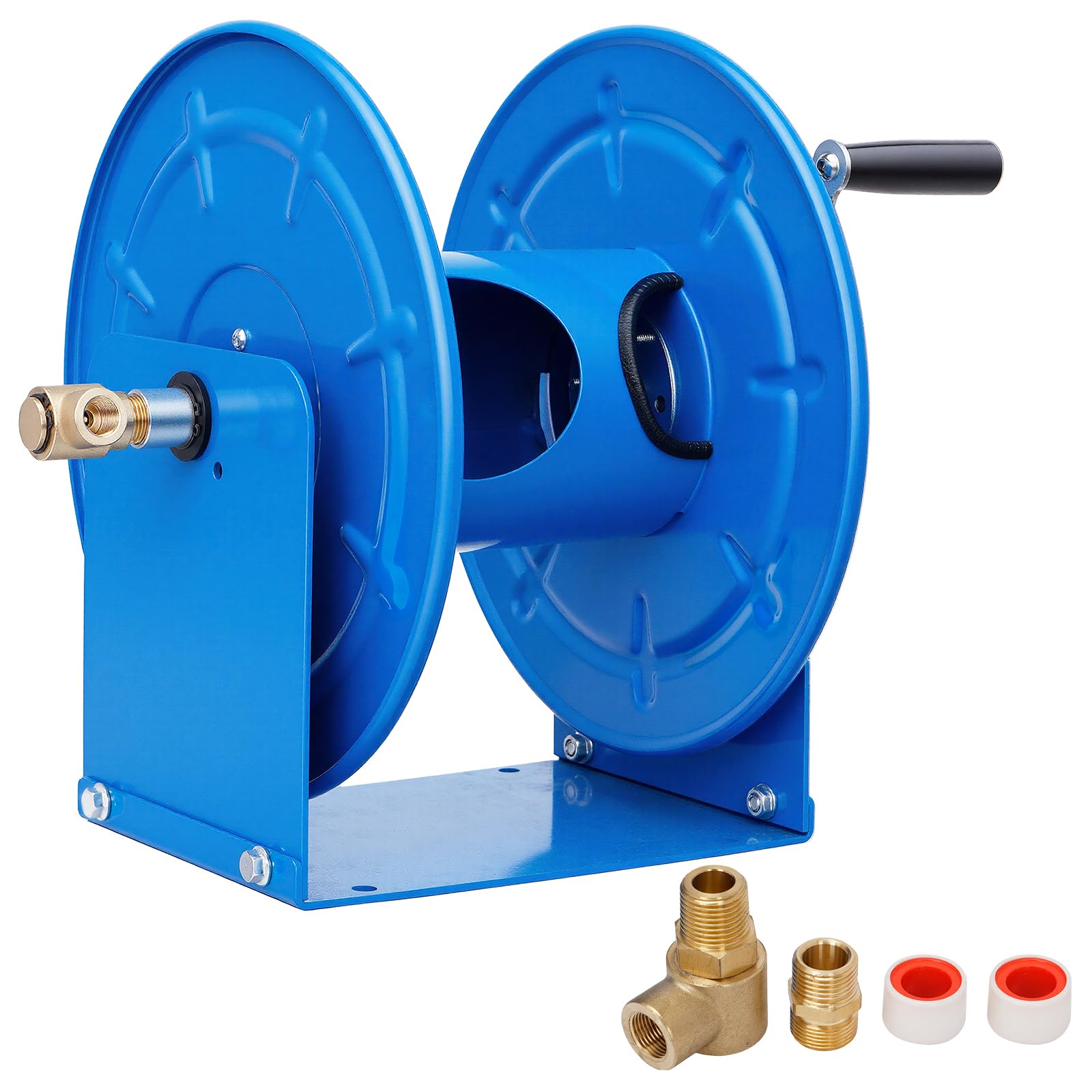 Enrouleur de tuyau de nettoyeur haute pression 60 m x 0,6 cm, en acier robuste pour nettoyeur haute pression, 30,5 m x 1,9 cm, avec joint rotatif, 4500 psi, manivelle pour montage sur remorque/mur/van
