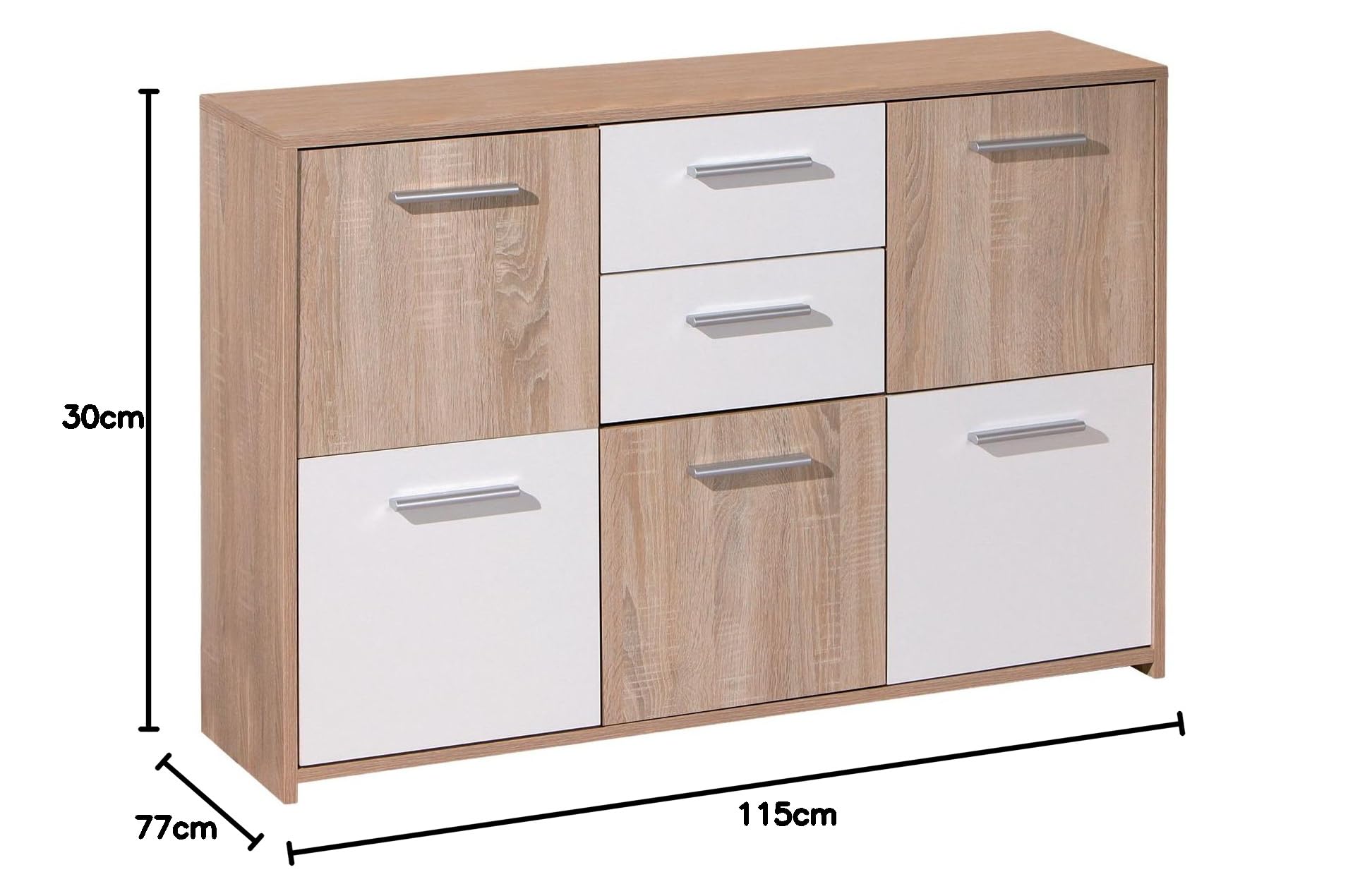 Inter Link – Kommode – Sideboard - Kommode mit 5 Türen und 2 Schubladen – 2 Farbig – Melaminbeschichtet – Sonoma Eiche Nachbildung und Weiß – BxTxH: 115x30x77 cm – Elvezia