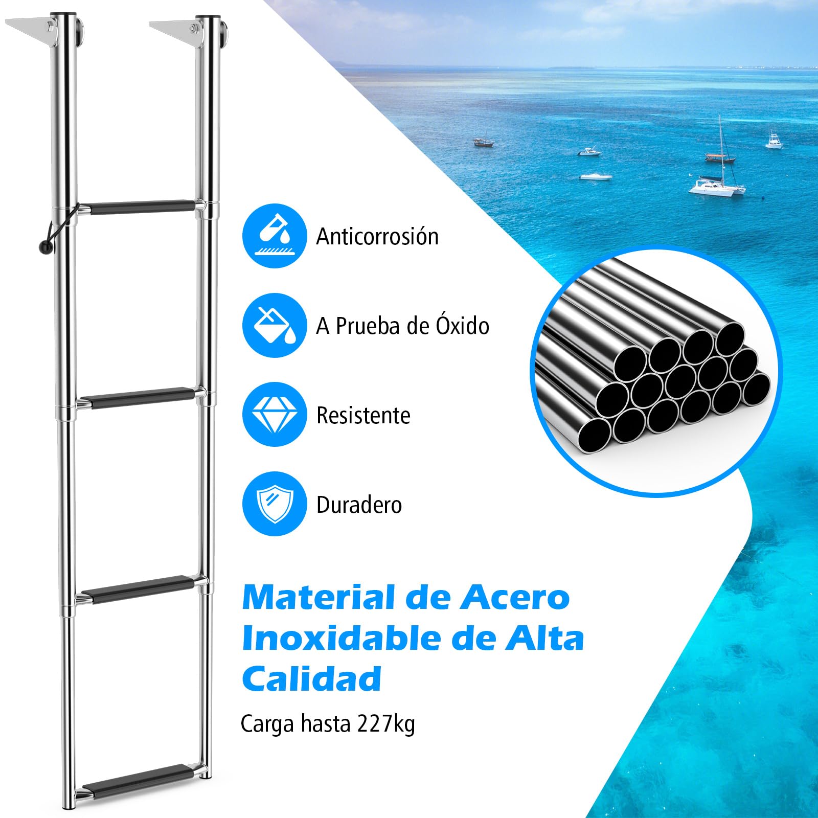 COSTWAY Escalera Telescópica para Barcos de 4 Escalones, Escalera de Barco Extensible Plegable, de Acero Inoxidable Resistente para Pontones, Yates con Capacidad de 227 Kg