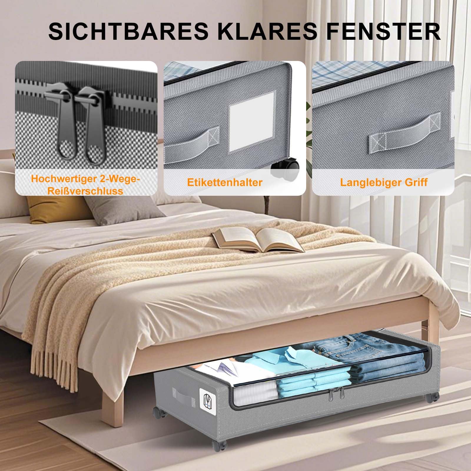 Set da 2 contenitori sottoletto con coperchio e ruote, scatole portaoggetti sotto il letto con coperchi trasparenti ed etichetta, cassetti scorrevoli da 48L per vestiti, coperte