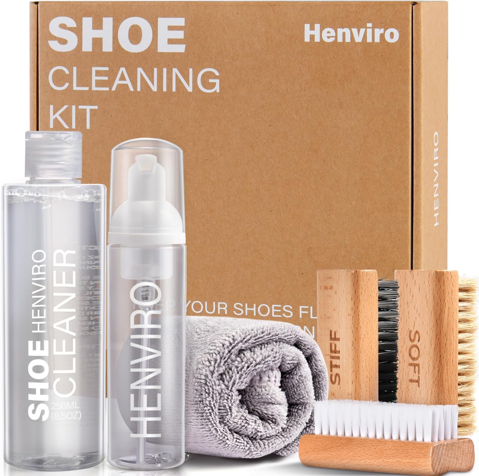 HenviroHenviro Sneaker Cleaning Kit - 8.5 Oz with Brushes & Towel, Suede & White Shoe Cleaner for Most Materials