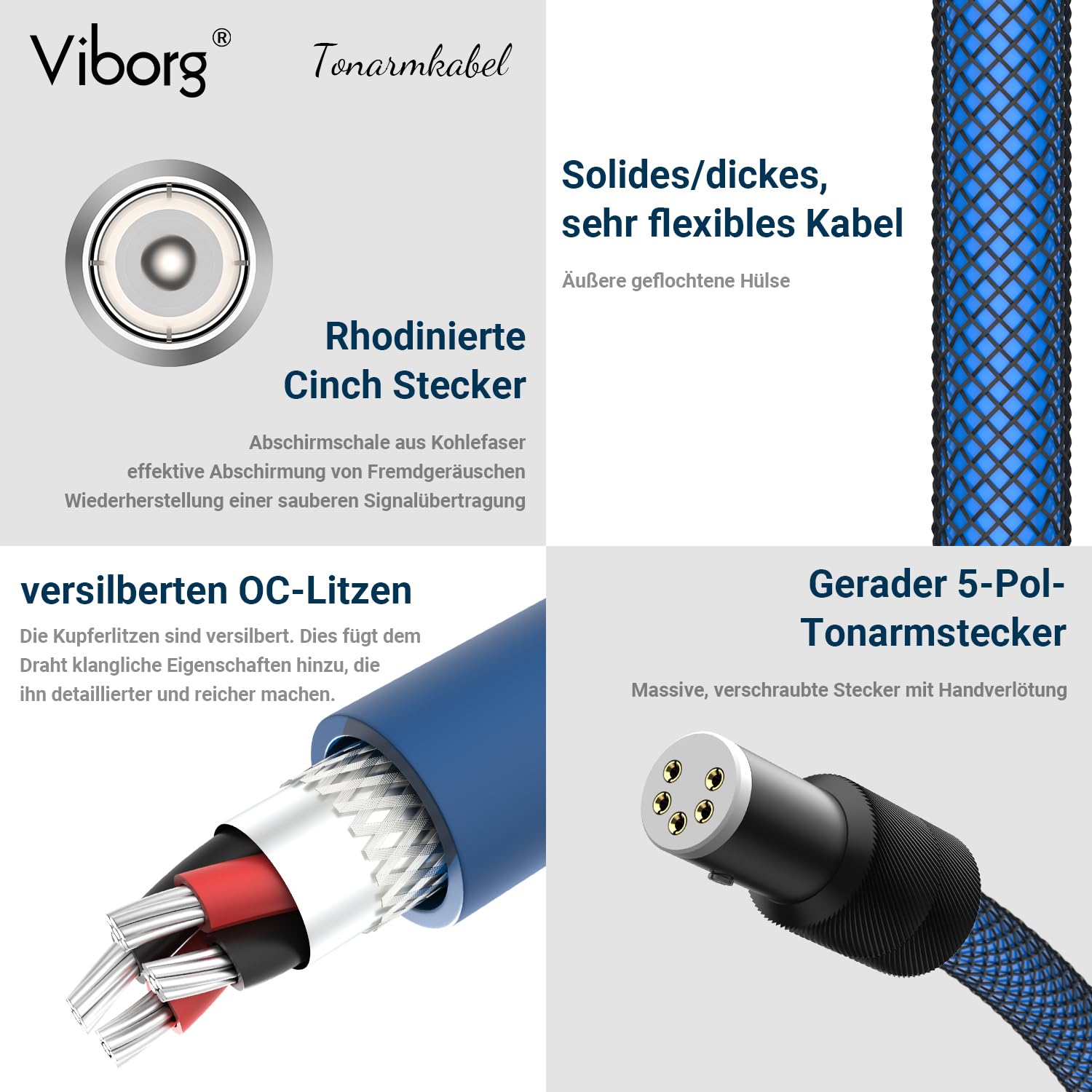 Viborg Cavo fonoculare High End LC800, OFC placcato argento, 2 connettori RCA placcati in rodio, jack su 5 poli, dritti con conduttore di messa a terra separato, per giradischi