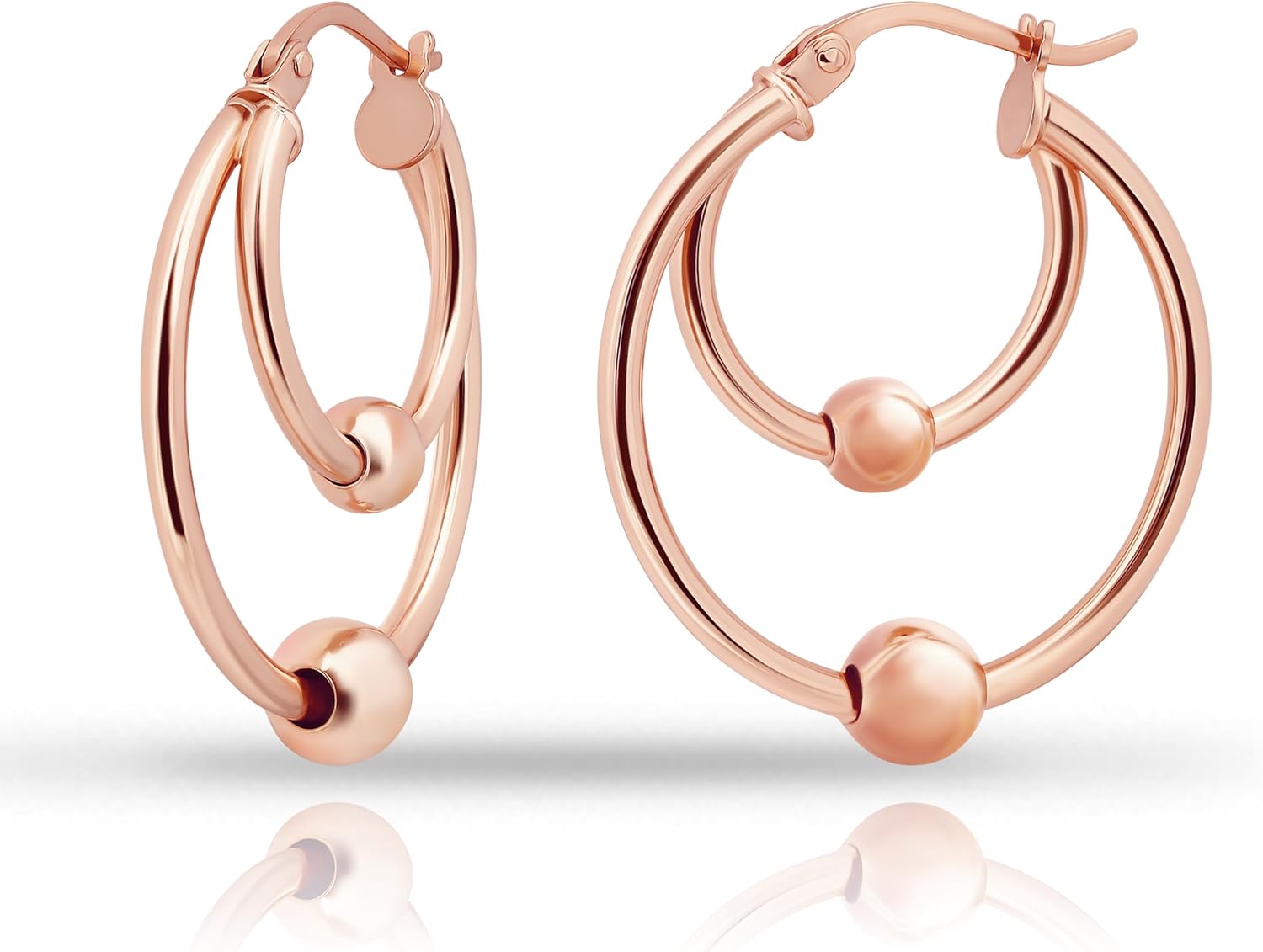 Hoops & Loops 925 Sterling Silver Double Loop Beaded Hoop Earrings for Women, 14k Gold/Rose Gold, Black Flash Plate 25mm High Polished Hypoallergenic Two Bead Design Earrings