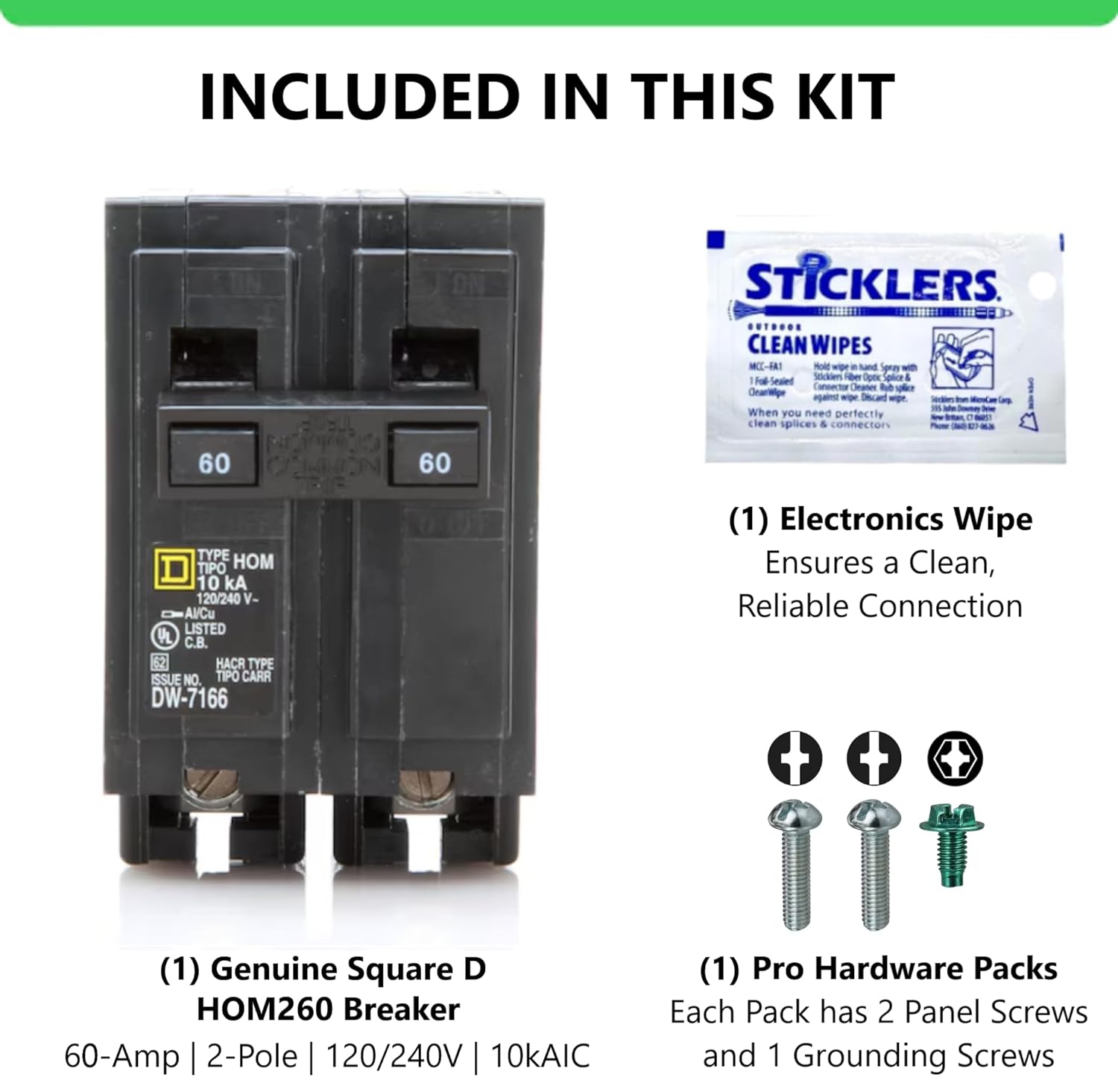 Genuine Square D HOM260 Circuit Breaker Kit Bundle (1 Pack), 60 Amp (60A) Double Pole, 120/240V, 10kAIC, UL Listed, Plug-On for Homeline Load Centers & Panel Box, New Replacement