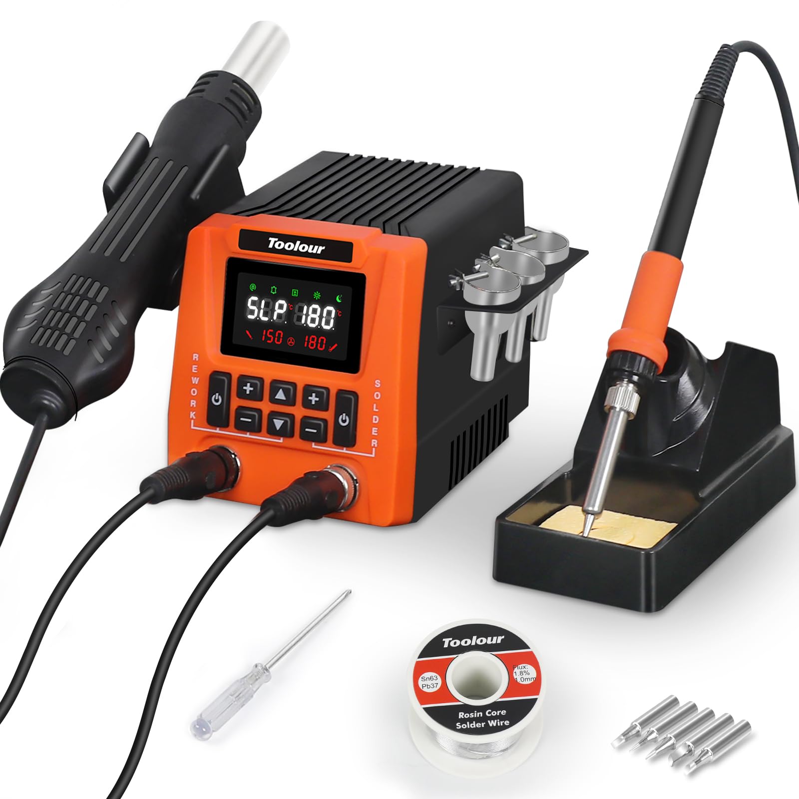 TOOLOUR Estación de soldadura 2 en 1 700W con pistola de aire caliente y soldador, pantalla LCD, control PID, temperatura ajustable 100–500°C, apagado automático, ideal para principiantes