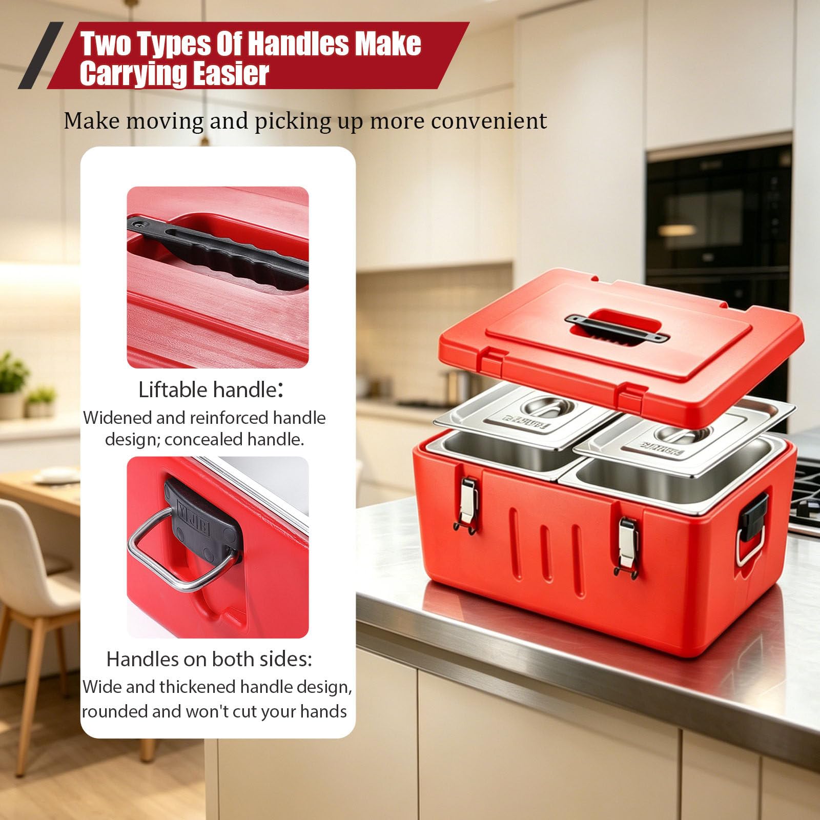 Transportador de Alimentos Isotérmico de 27 Cuartos, Caja Térmica Comercial con 2 Bandejas de Acero Inoxidable de 10 litros, Ideal para Catering, Restaurantes y Uso al Aire Libre 3Gird