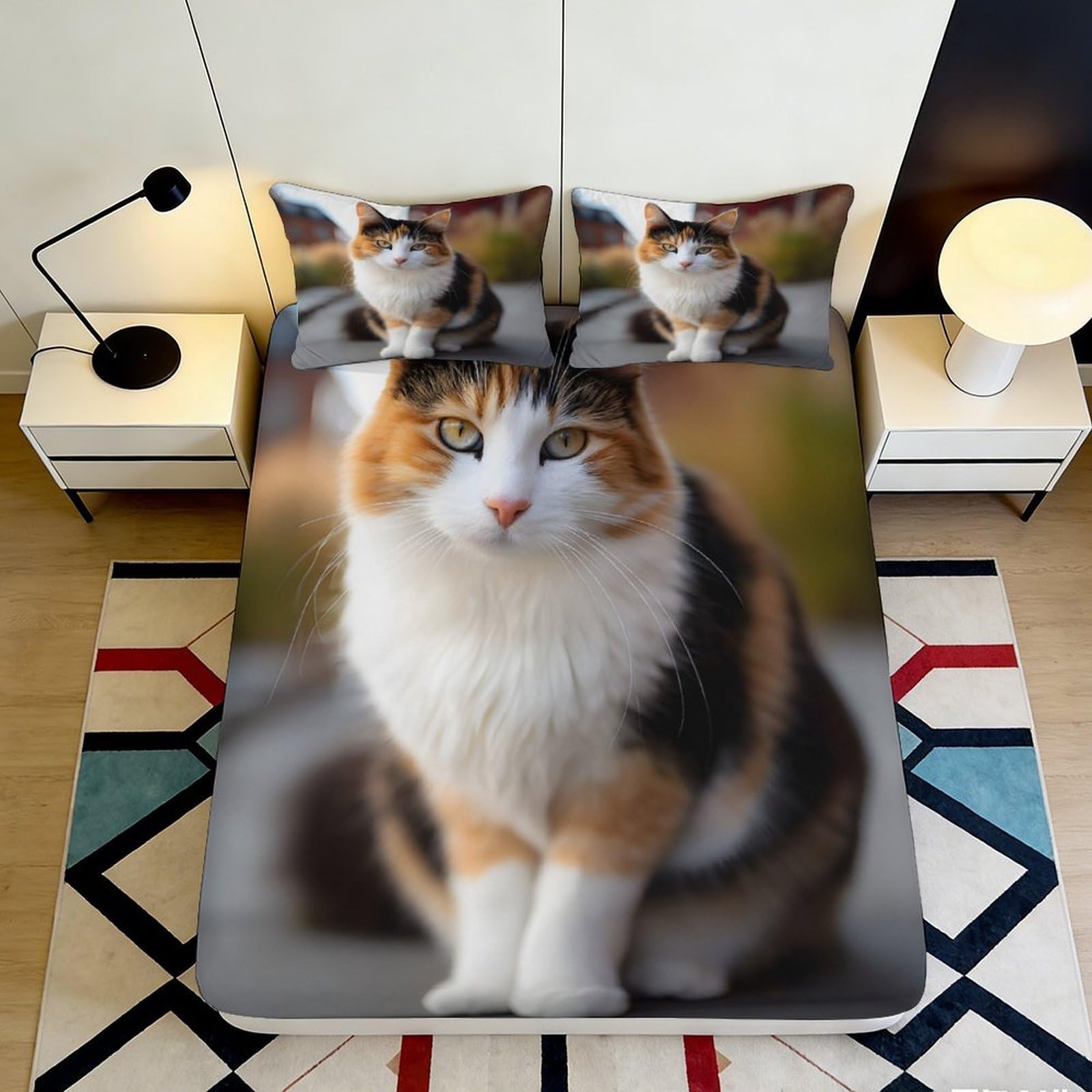 3D Printed Calico Cat Fitted Sheet Microfiber Soft Anti-Slip Tabby Cat Mattress Cover Bedroom Dorm Decor 120x200x25cm
