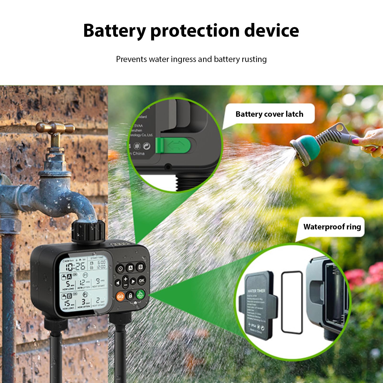 Temporizador Aspersor 2 Zonas, 8 Configuraciones Programables, Retardo Automático Lluvia, Temporizador Riego Manguera Jardín para Césped, Invernadero, Control Riego