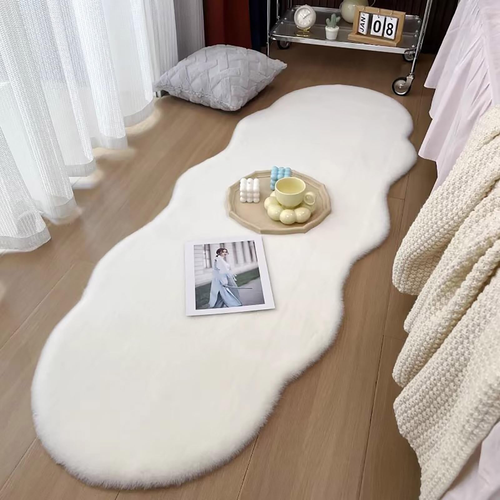 Tapis de chevet moderne en fourrure de lapin synthétique blanc 90x150cm pour chambre à coucher