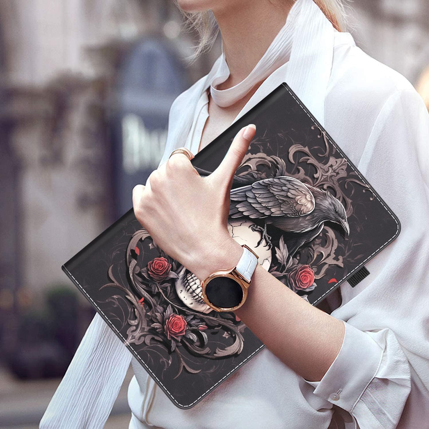 Case for All-New Amazon Fire HD 10 Tablet and Fire HD 10 Plus (13th/11th Generation 2023/2021)，Auto Sleep/Wake Multi-Angle Viewing Slim Folio Stand Cover, Black Raven Sits on The Skulls and Roses