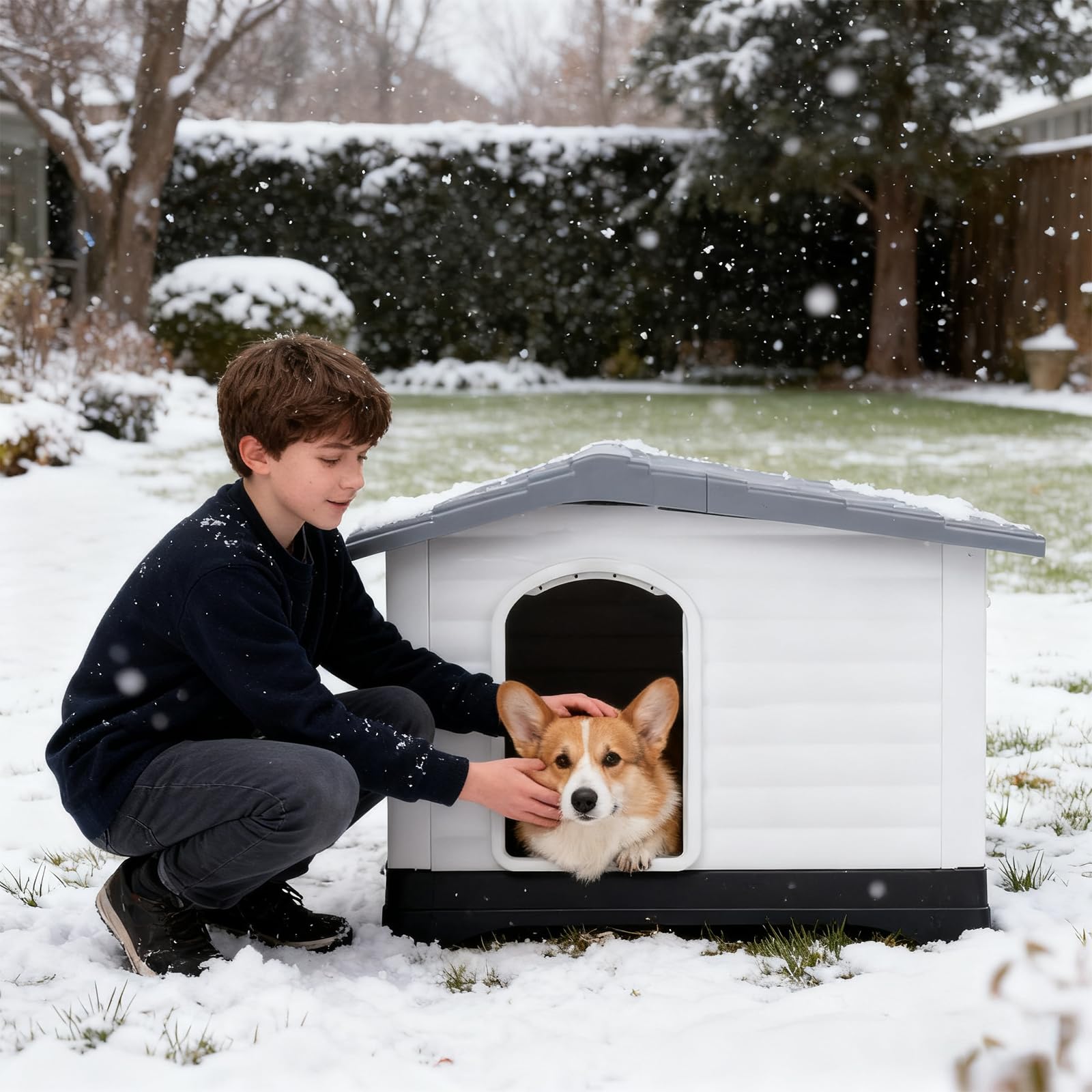 PETCUTE Caseta para Perros,Casa de Plástico para Perros con Techo Inclinado, Lado de Apertura, Fondo de Drenaje, Base Aislante, Refugio para Mascotas,Uso Interior y Exterior,Gris