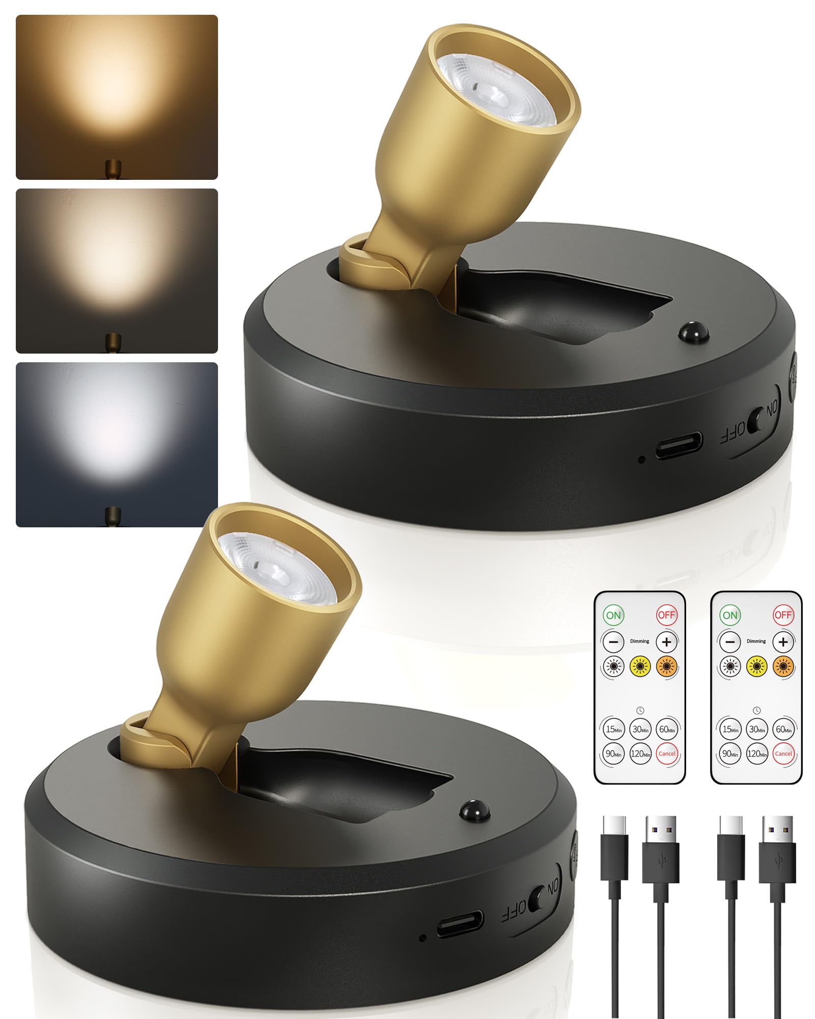 EZVALO Kabellose Spotlight mit Fernbedienung, 4000mAh Akku, 3 Farbtemperaturen, Wiederaufladbarer Wandspot, LED Spots Akku für Gemälde, Kunst, Pflanzen, Porträts (Schwarz, 2er Set)