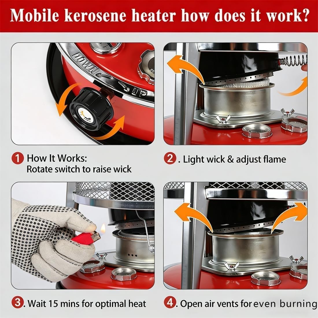 Non Electric Heaters for Indoor, 9000 BTU(Lasts 18 H), Kerosene Heater Indoor for Power Outage, 1.4-Gallon Extra-Large Fuel Tank, Suitable for Camping, Home, Garage, Emergency Heat (Red)