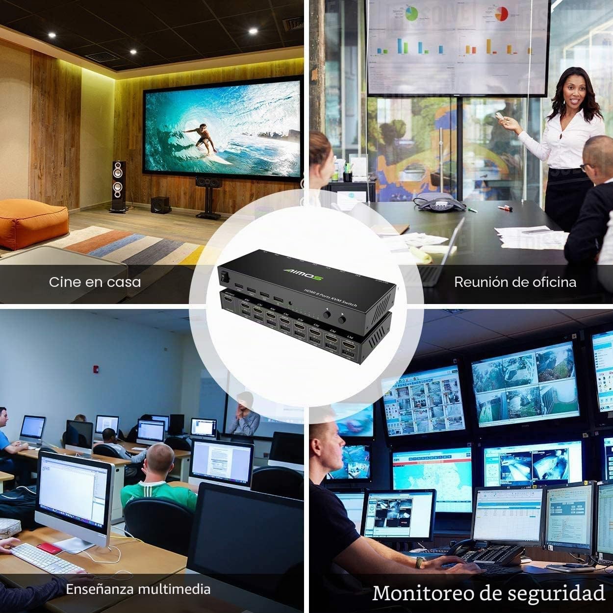 AIMOS KVM Switch, HDMI Conmutador 8 Entradas 1 Salida USB 2.0 Switcher Hub, Selector De Mouse y Teclado Admite 4K @ 30Hz 3D para Computadora Portátil, PC, PS4, Xbox HDTV
