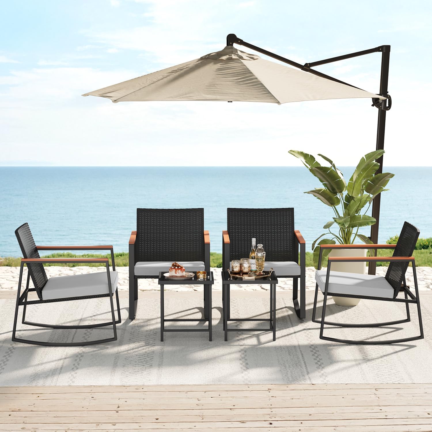 Bealife 3 Piece Outdoor Patio Wicker Furniture Set, Outdoor Patio Rocking Bistro Set of 2 with Wooden Armrests and Coffee Table for Lawn, Yard, Porch, Balcony (Grey)