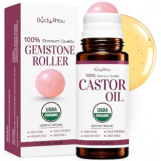 BodyJ4You Organic Castor Oil Roll On - Lash Brow Eyebrow Hair Growth Serum | Cold Pressed Hexane Free Unrefined - Rose Quartz Roller Ball Cuticle Oil Scalp Split Ends Body - Glass Bottle Travel Size - Amazon product rated Grade A