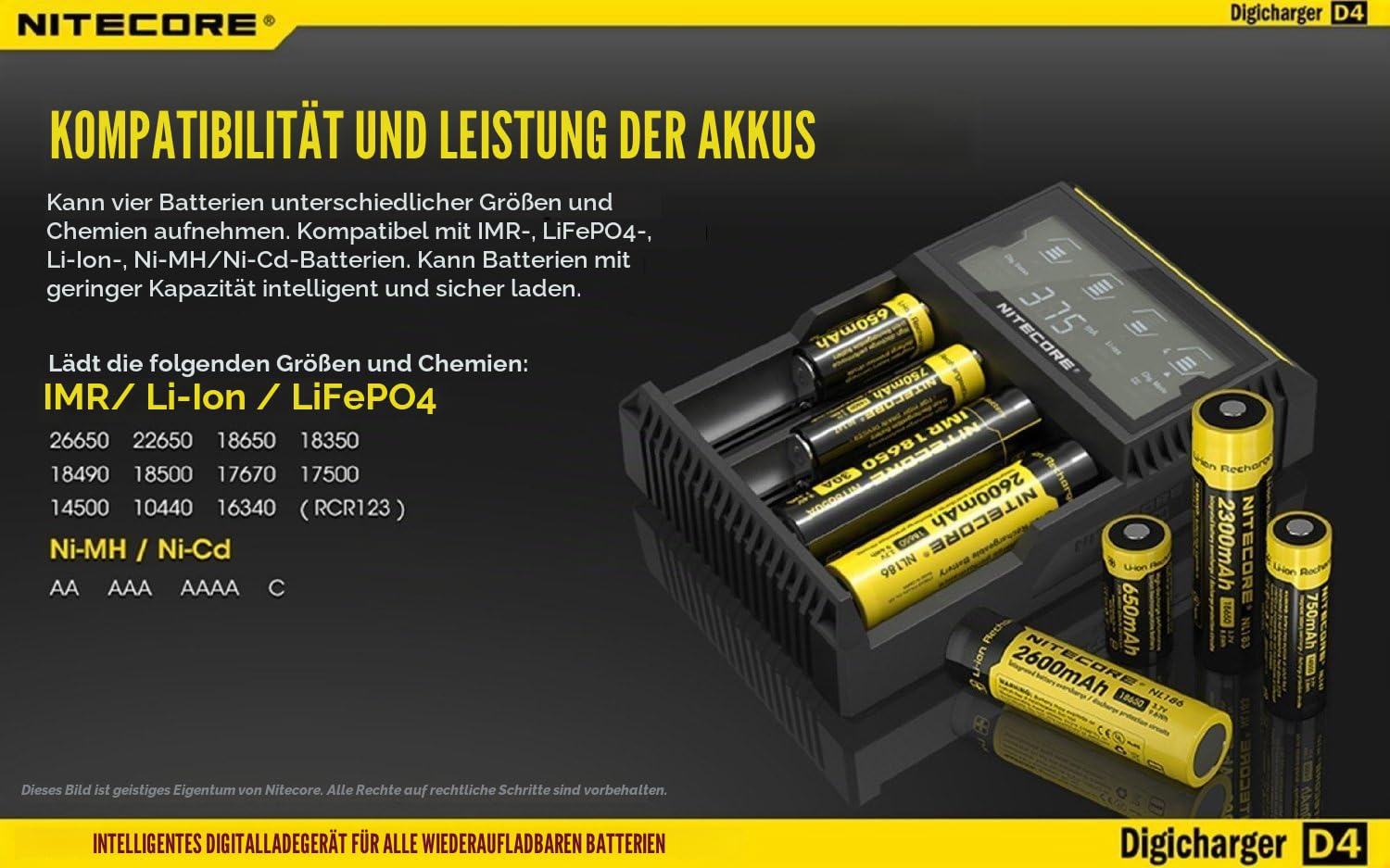 NiteCore Digicharger D4 universalladegrät für Li-Ion/IMR/LiFePO4/NiMH/Ni-Cd Akku (LCD-Display, Output Current: 4X 375mA)