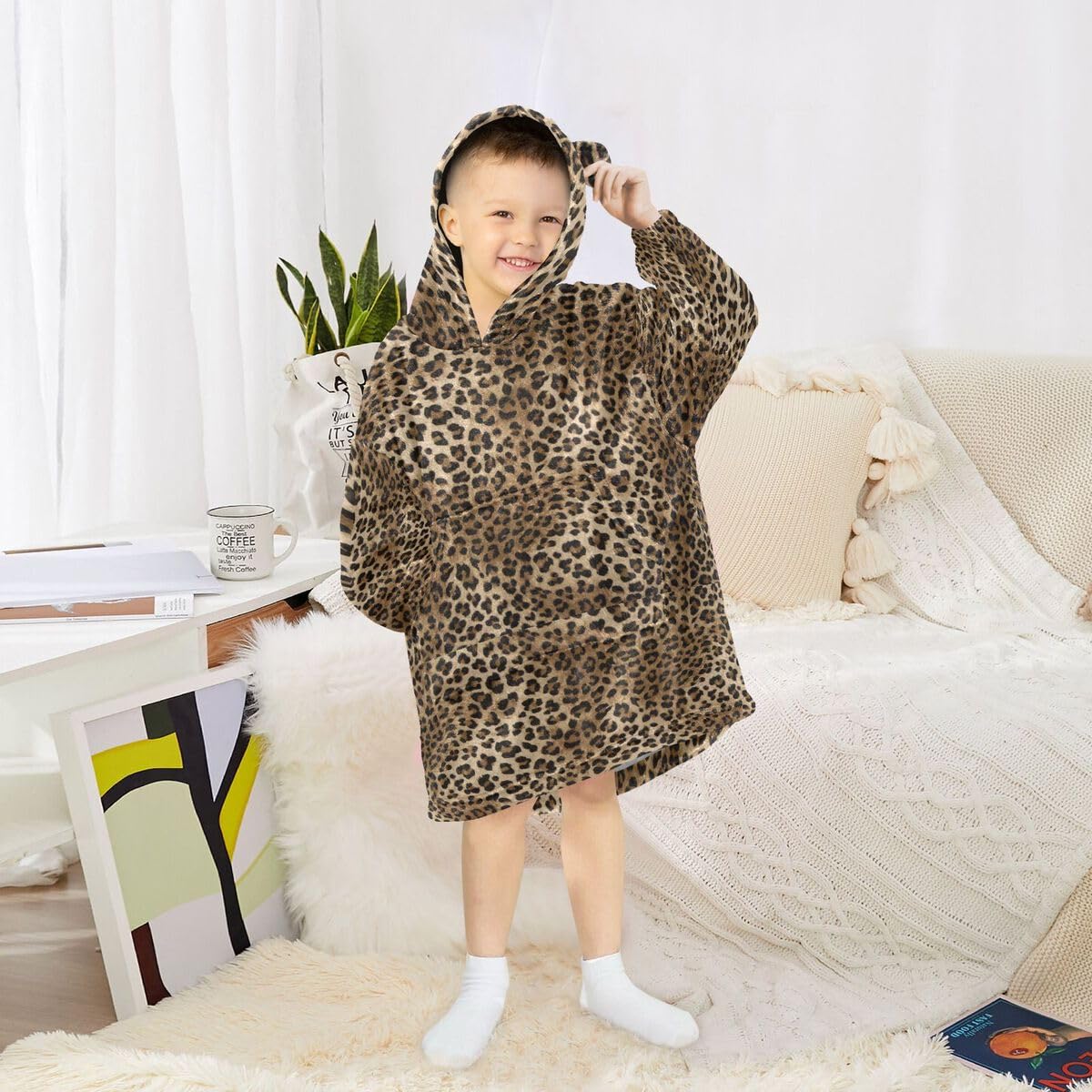 Leopard Skin Dziecięcy koc do noszenia z kapturem, oversize, bluza z kapturem, sweter, skóra zwierzęca, dla chłopców i dziewcząt w wieku 3-14 lat