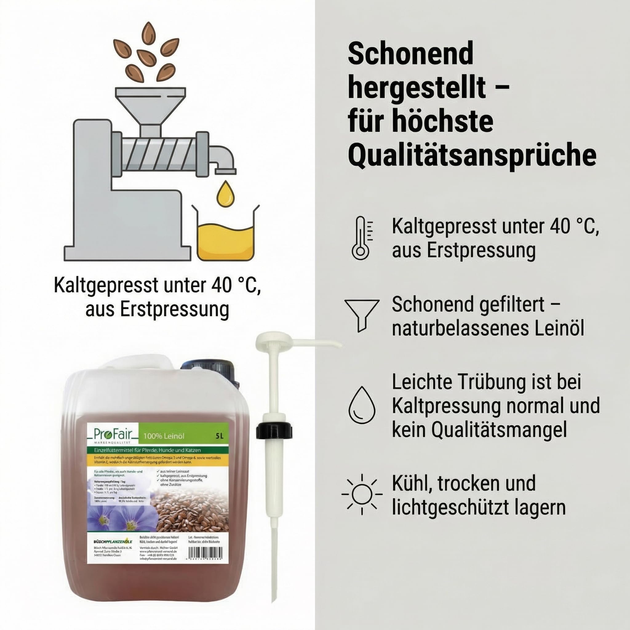 ProFair Leinöl für Pferde, Hunde & Katzen, kaltgepresst unter 40 °C, Erstpressung, 100% reine Leinsaat, Einzelfuttermittel, 5 L Vorratskanister inkl. Kanisterpumpe (ca. 30 ml/Hub)