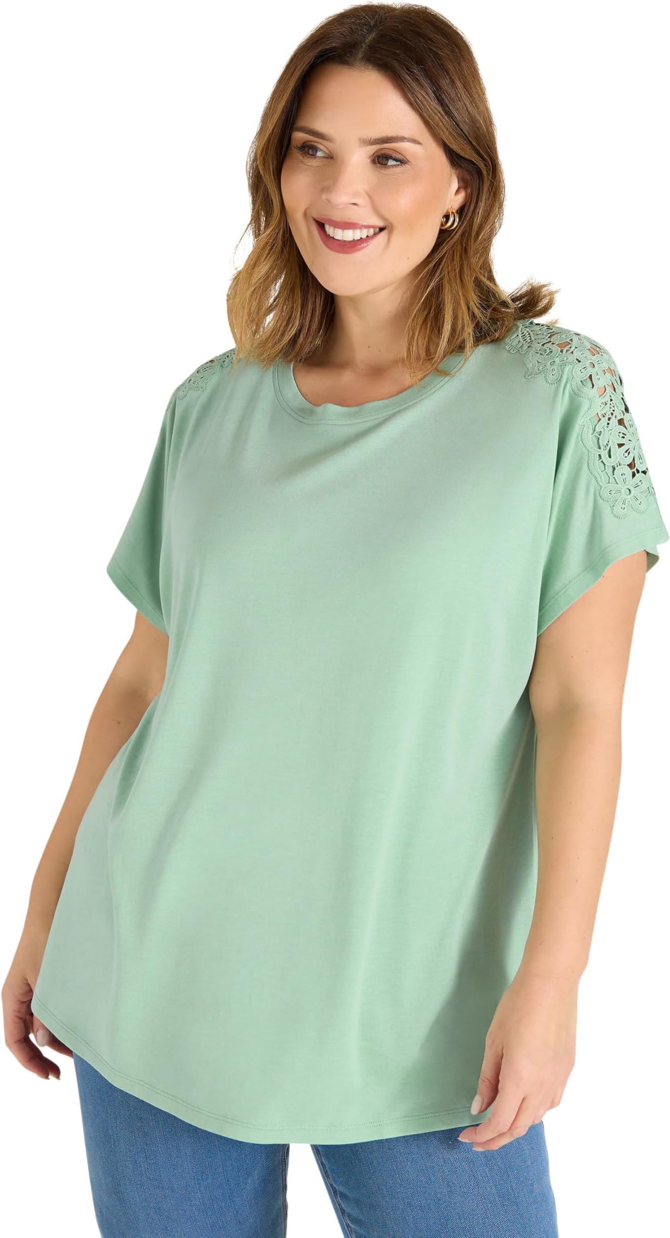 Curve Sage Green Crochet Shoulder Modal T-Shirt - Women's - Plus Size Curve
