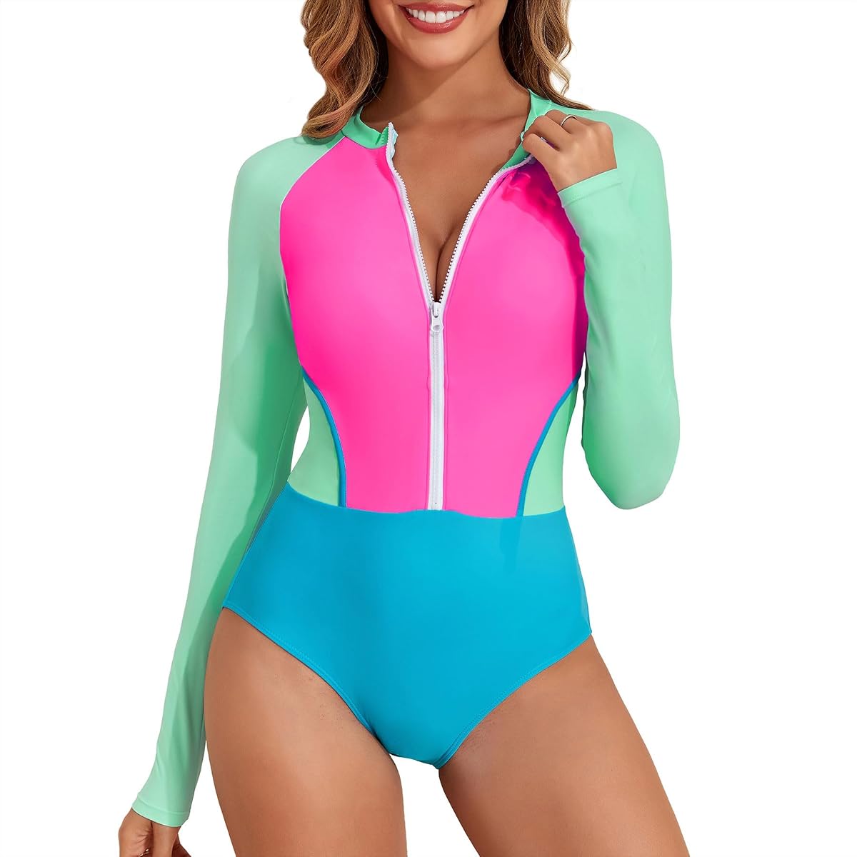 Zando UPF 50+ Surfing Long Sleeve Swimsuits for Women - One Piece Rash Guard Swimsuit Women, Beach Full Coverage Bathing Suit
