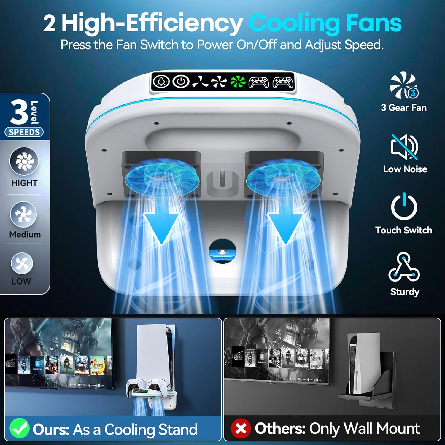 P S5 Wall Mount Kit with Cooling Fan and Charging Station Compatible with PS5/ Slim/ Pro Disc and Digital, PS Five Floating Shelf with 9 RGB Lights, P S5 Mount Behind TV, PS5 Accessories for Gaming