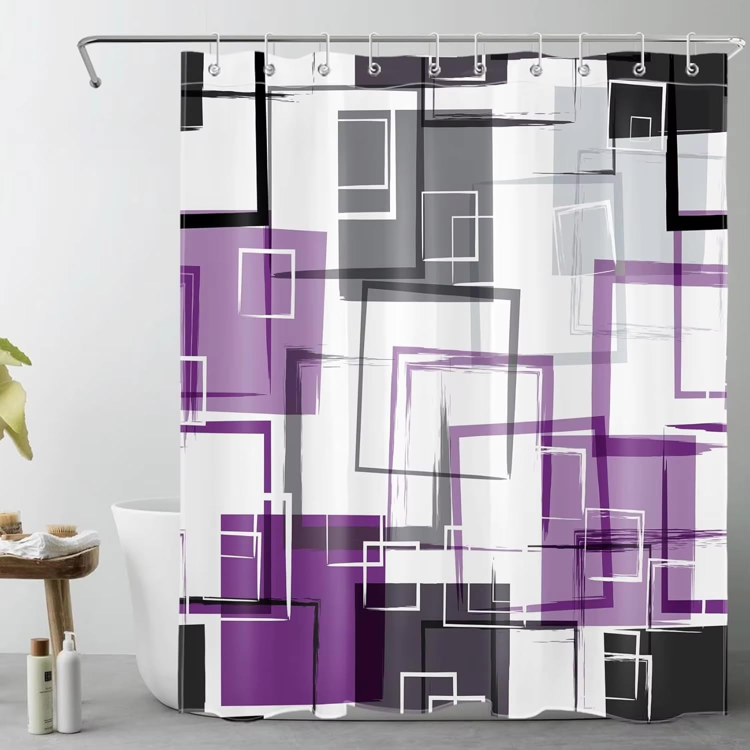 KELAIMI Abstract Geometric Grid Shower Curtain,Modern Art Bathroom Curtains with Hooks,Neutral Quick-Drying Polyester Bathtub Curtains For Bathroom Purple 200X240Cm