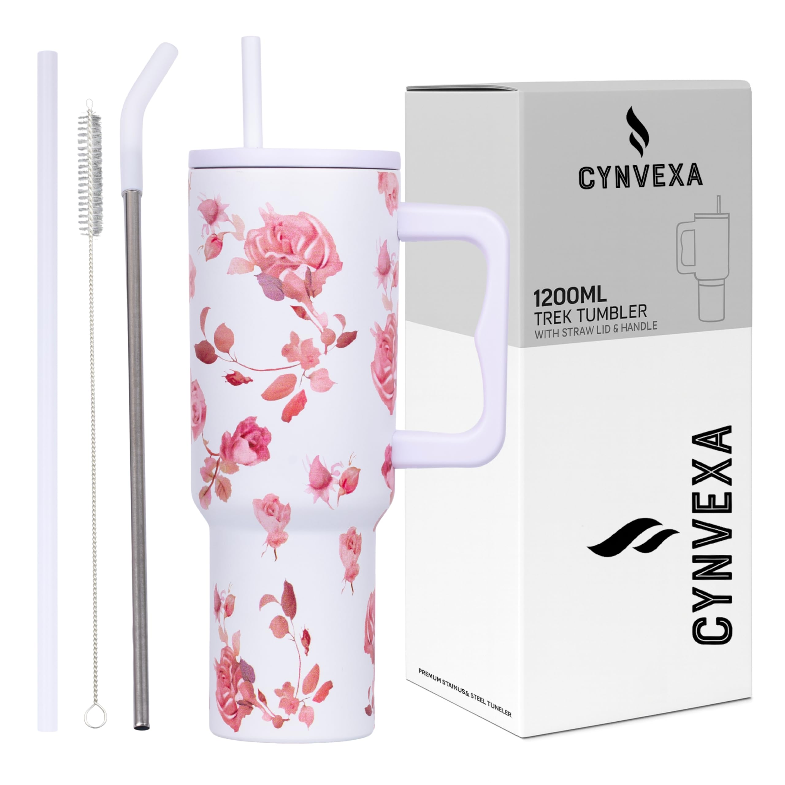 Tumbler with lid and Straw 1200ML Cup Stainless Steel Vacuum Insulated Tumbler for Water, Iced Tea or Coffee 1.2L Office Gym Travelling (White Rose)