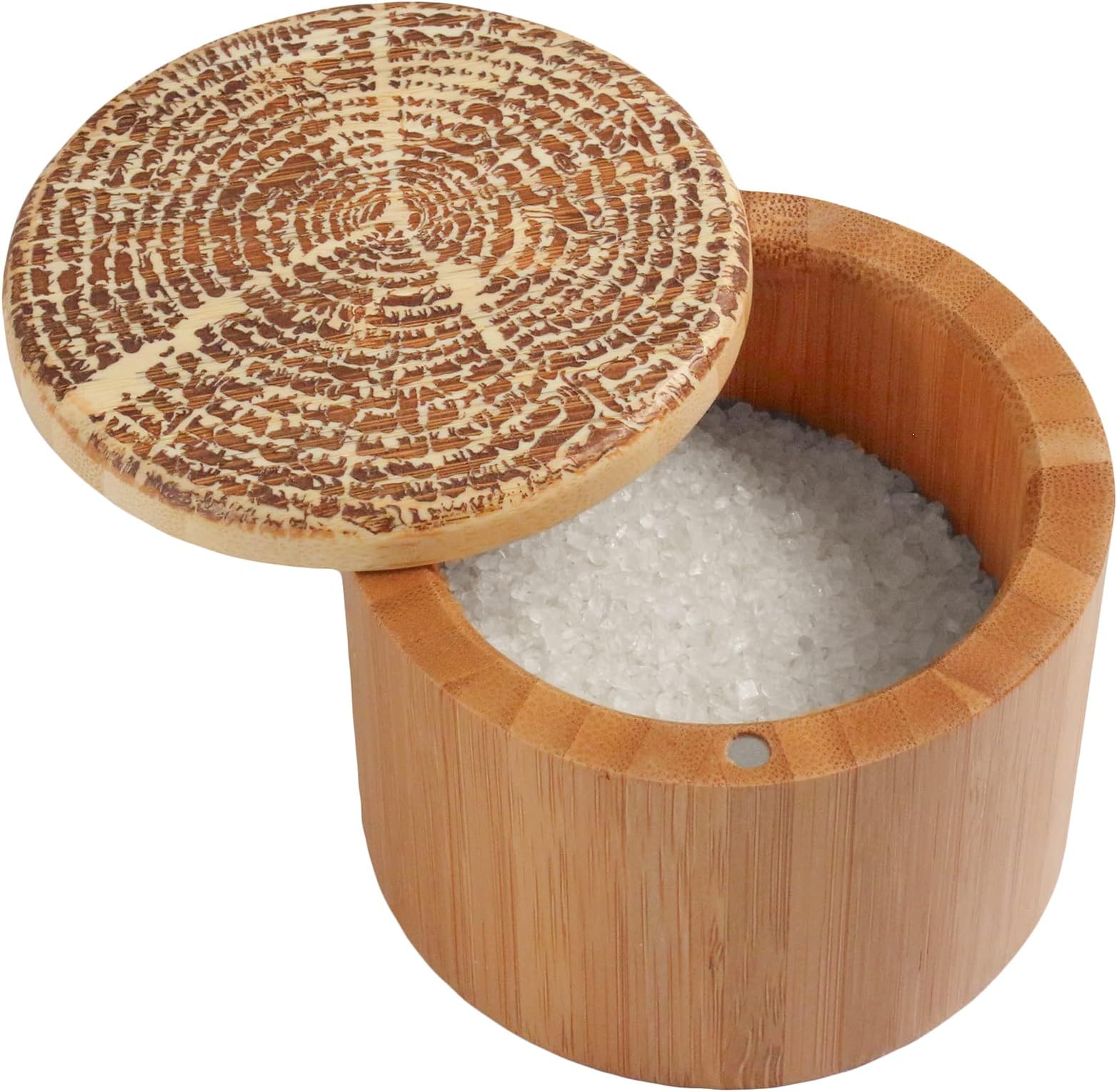Salt Box, Bamboo Storage Box with Magnetic Swivel Lid, "Tree of Life" Art Engraved on Lid