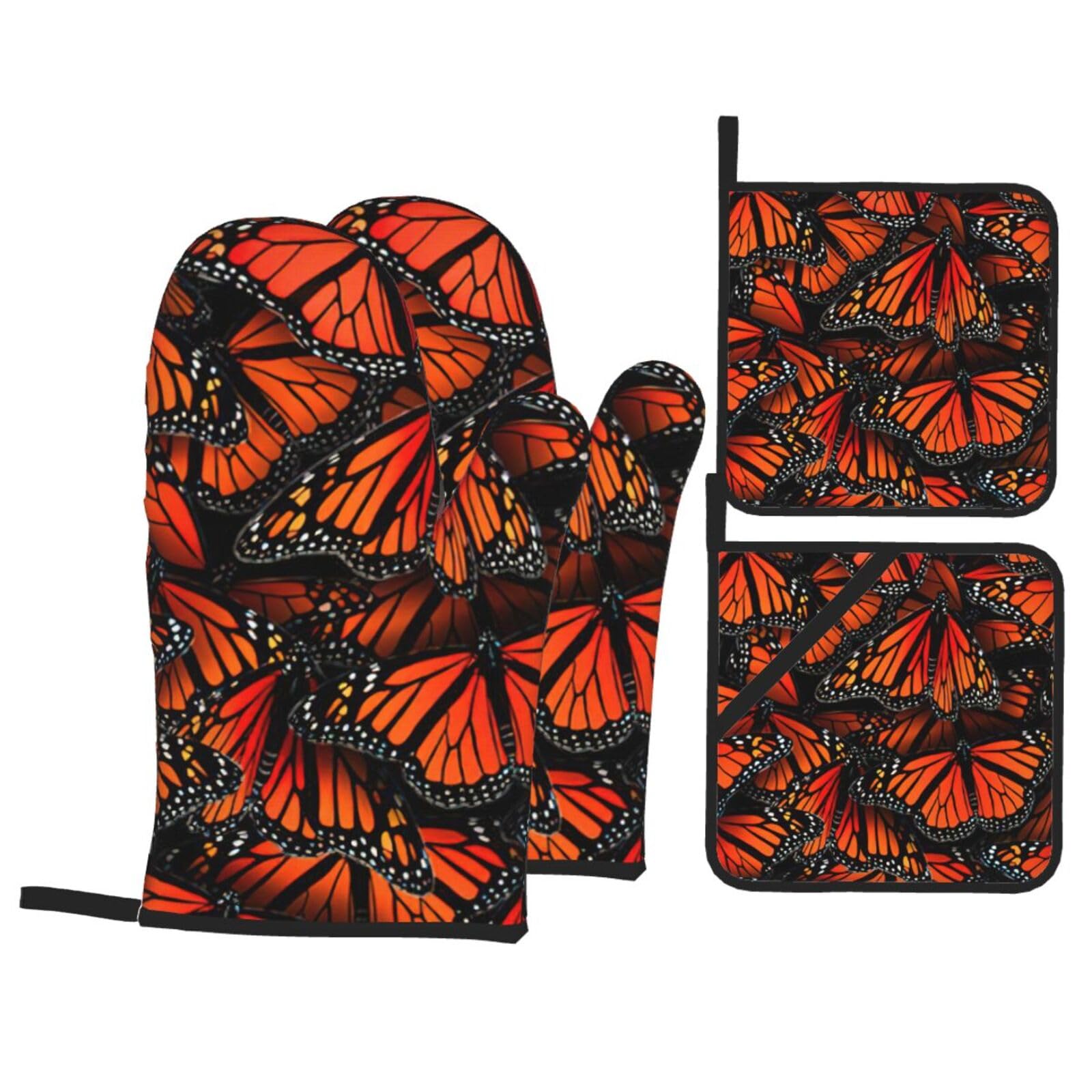 Monarch Butterflies. Print 4-Piece Oven Microwaving Set Waterproof Kitchen Gloves for Baking Grilling Cooking