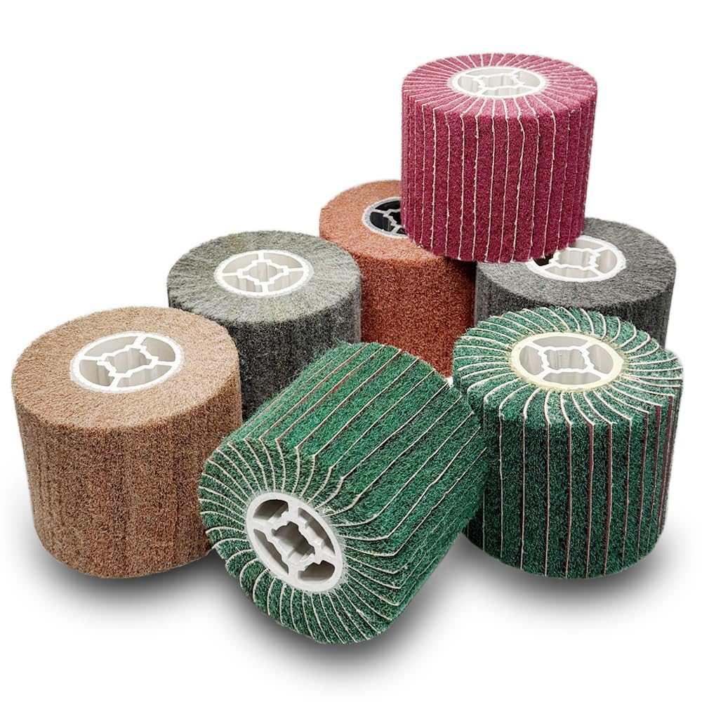 7 Pack Non Woven Wire Abrasive Drawing Polishing Burnishing Wheel Flap Brush 120mm x 100mm for Surface Treatment Stainless Steel, Aluminum, Copper, Metal, Grit: 60# 80# 120# 180# 240# 320# 600#