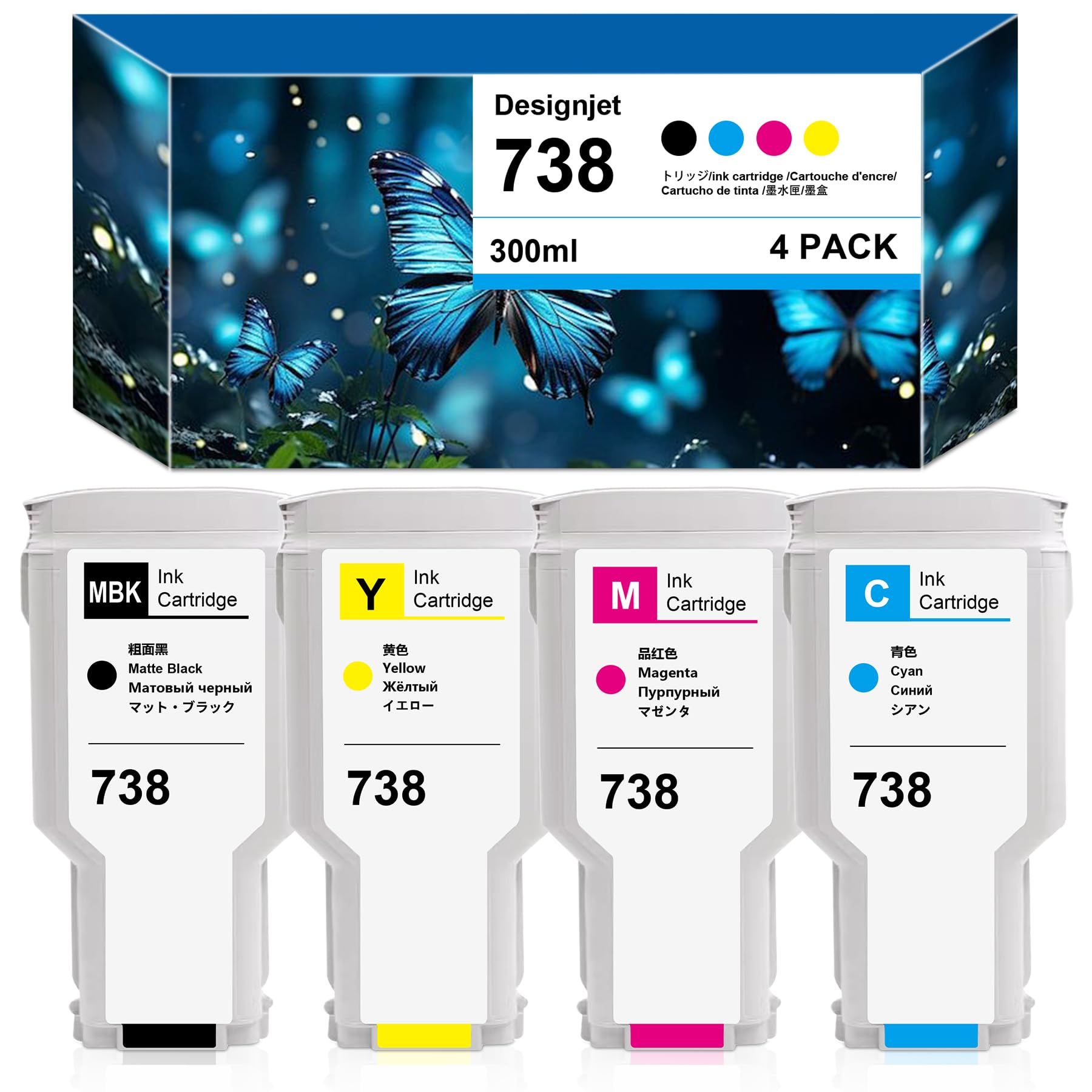 738 cartucce d'inchiostro 4 X 300 ML per HPQ 738 Inchiostro compatibile con DesignJet T950 DesignJet T850 (nero opaco, magenta, giallo, ciano)
