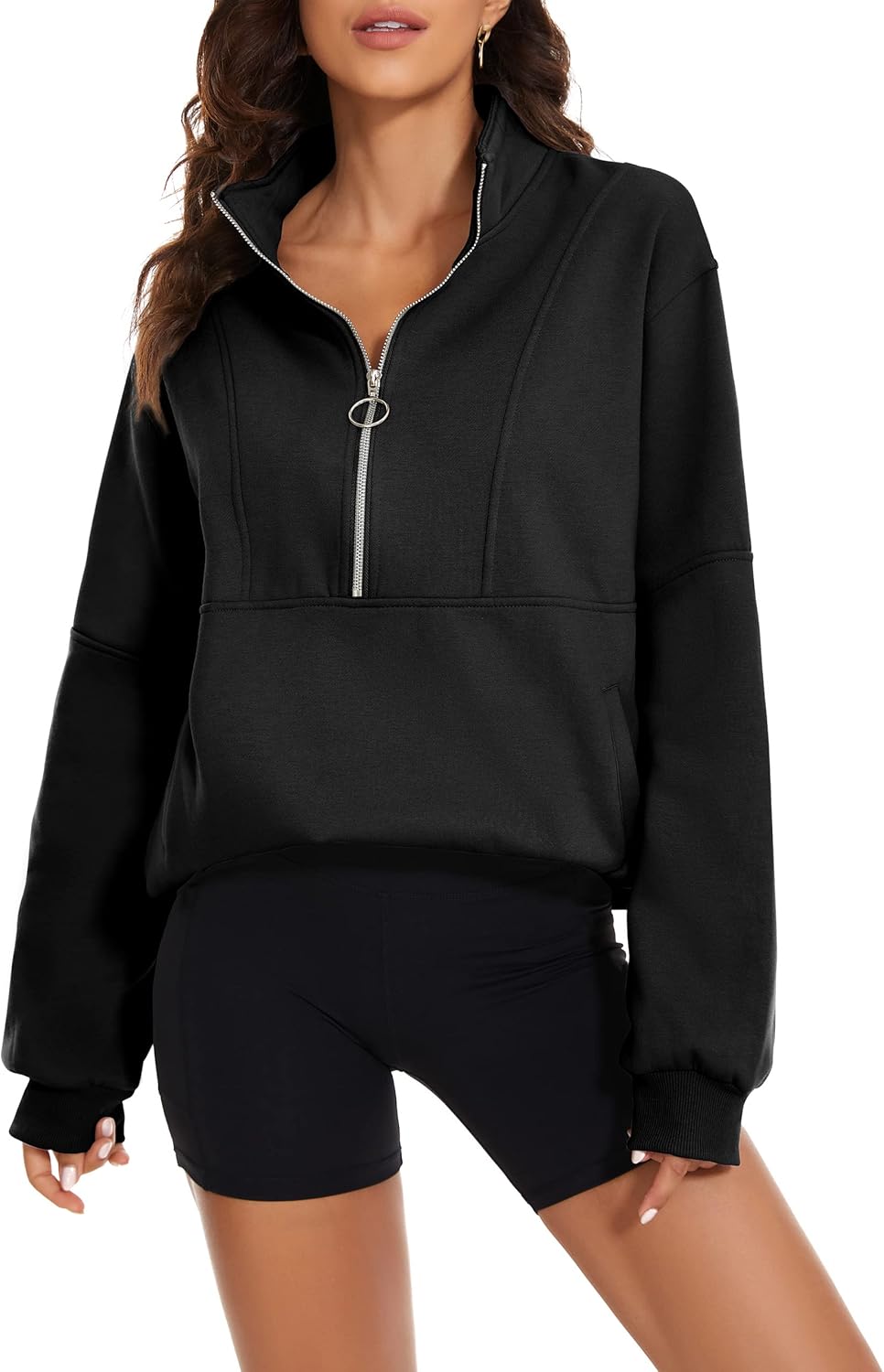 MISSACTIVER Women’s Oversized Half Zip Sweatshirt Quarter 1/4 Zipper Long Sleeve Drop Shoulder Pocket Pullover Jacket Tops