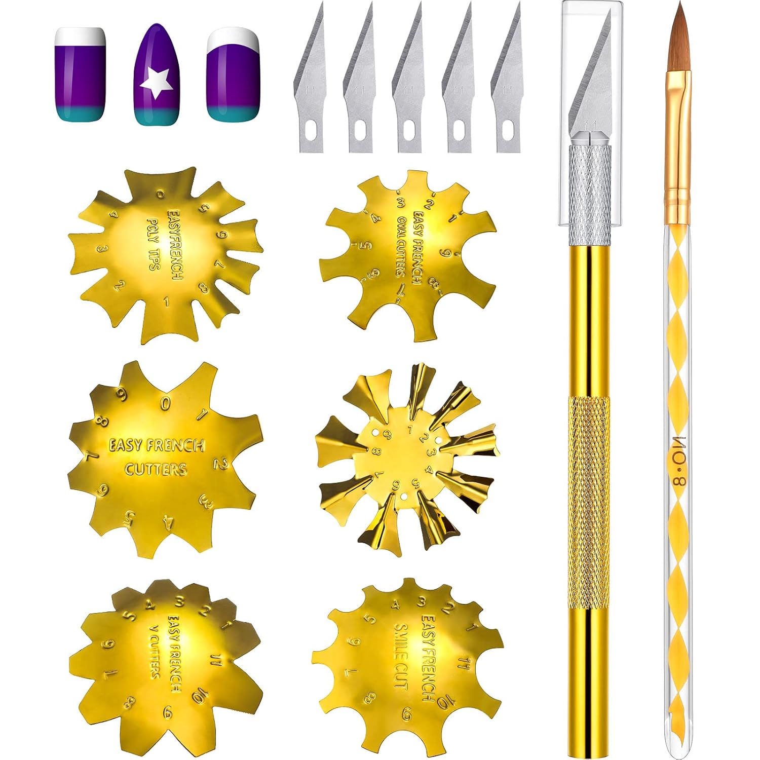 8 Pieces Acrylic Nails Tool Set, Include 6 Pieces French Nail Trimmer Stainless Steel French Tip Cutters Smile Line Cutter, Acrylic Nails Brush, French Tip Cutting Knife with 5 Spare Blades (Silver) : Beauty & Personal Care