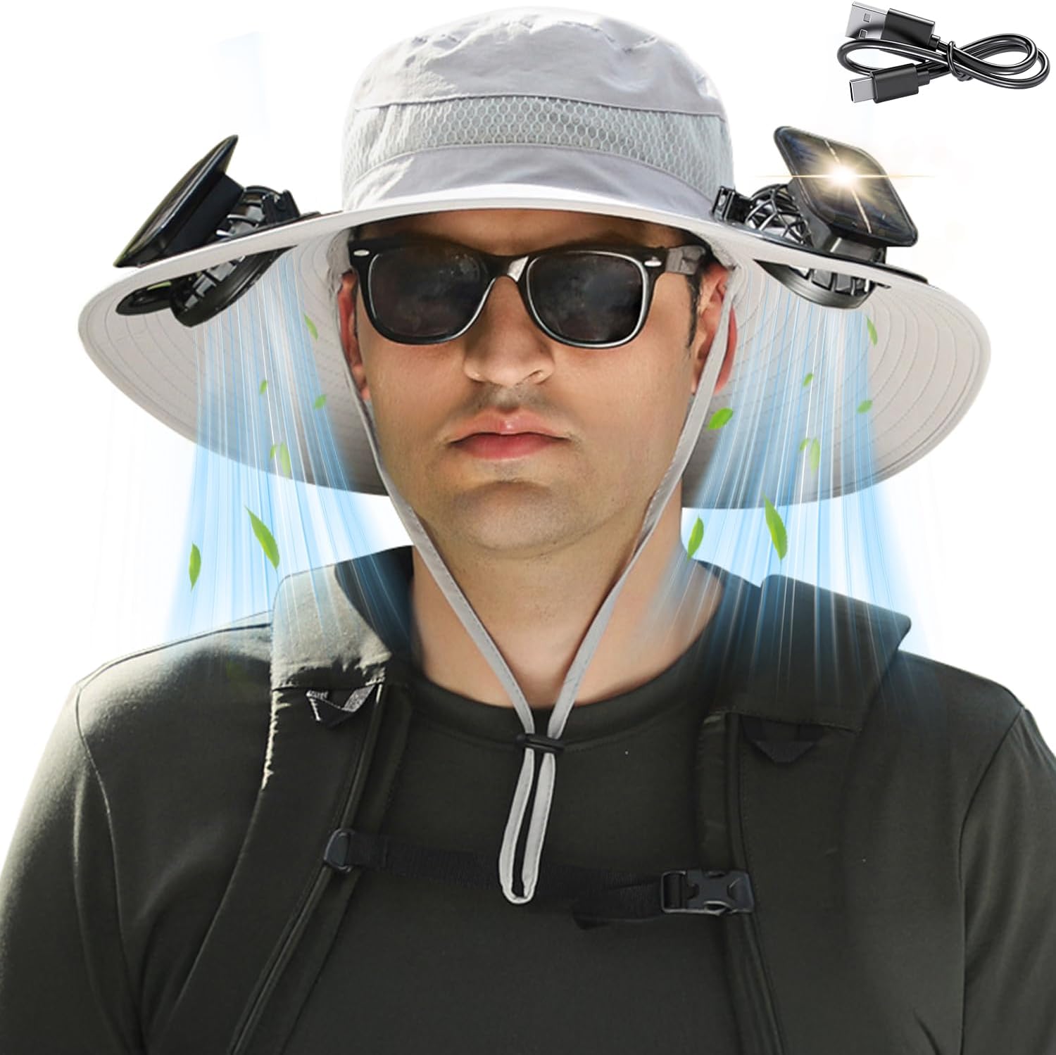 Solar Fan Hat for Men Women, Wide Brim UPF50+ Sun Hat with 2 Removable Fan 3-Speed Wind Solar&USB Charging