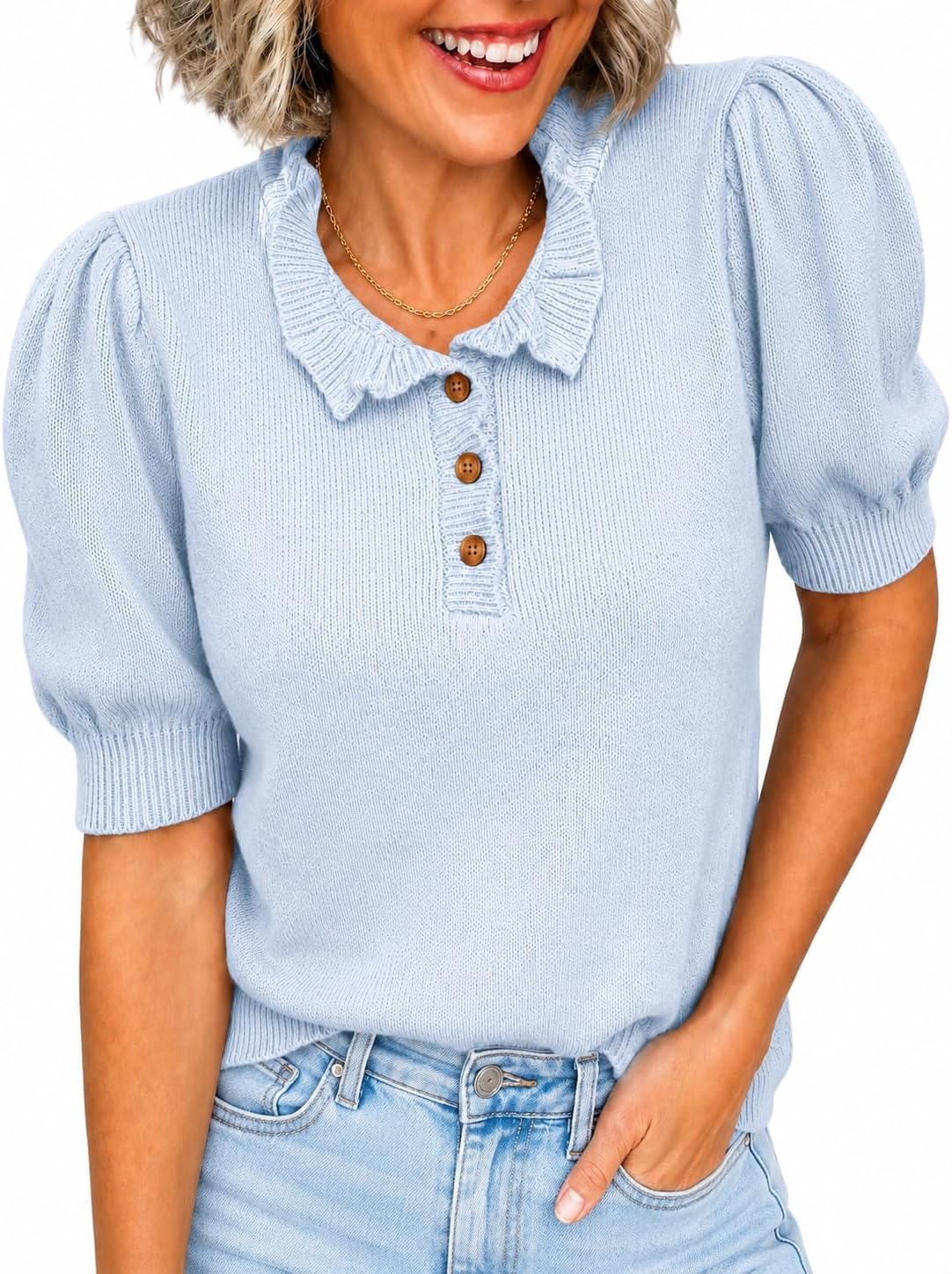 Short Sleeve Sweater for Women Ruffle Crewneck Puff Sleeve Trendy Pullover Knit Tops 2026 Lightweight