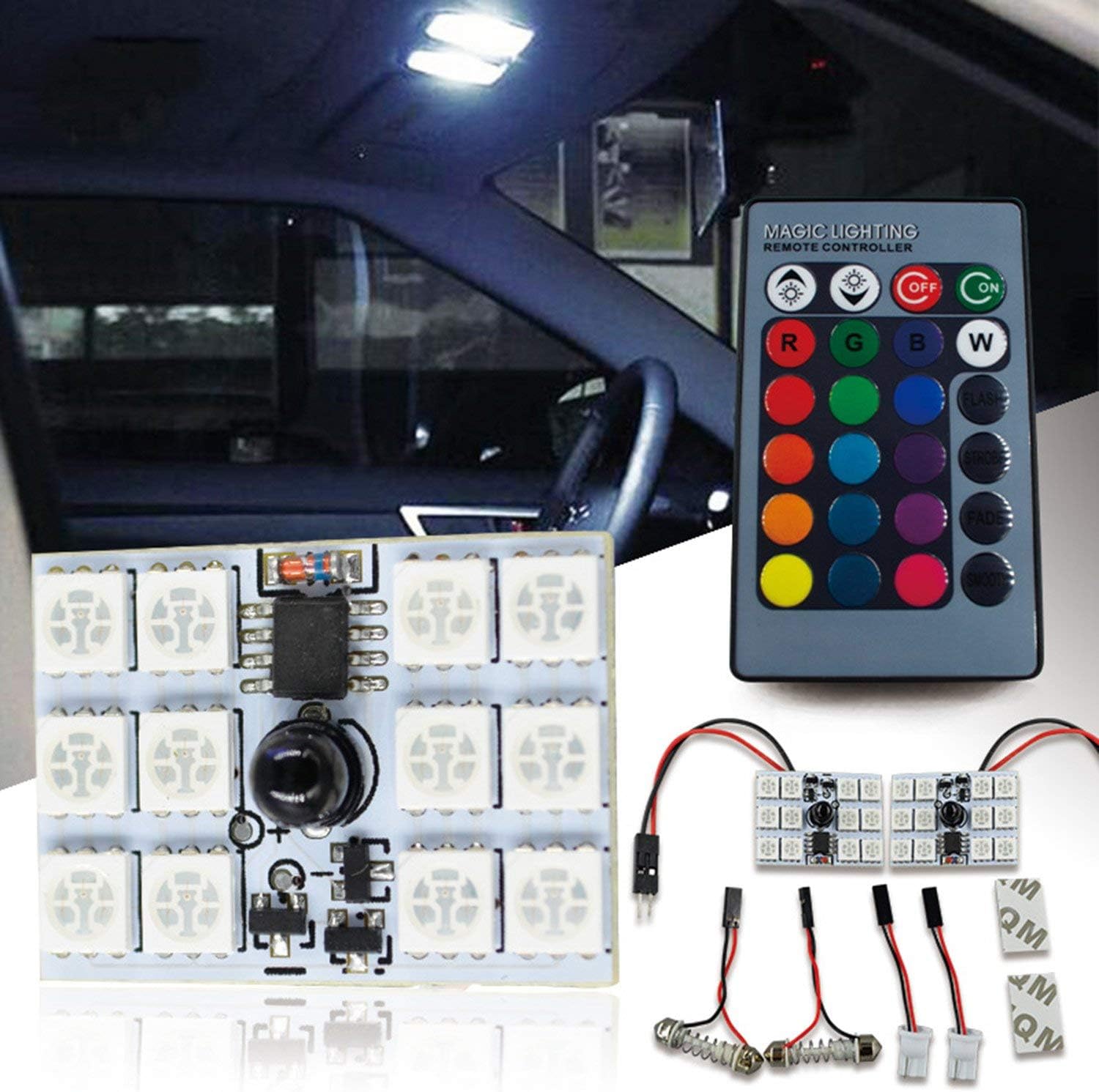 SOCAL-LED LIGHTING 2pcs RC Festoon LED Bulbs RGB 5050 12-SMD Bright Wedge Interior/Dome/Map/Door/License Plate Light (fits: T10, 31mm, 36mm, 39mm, 42mm)